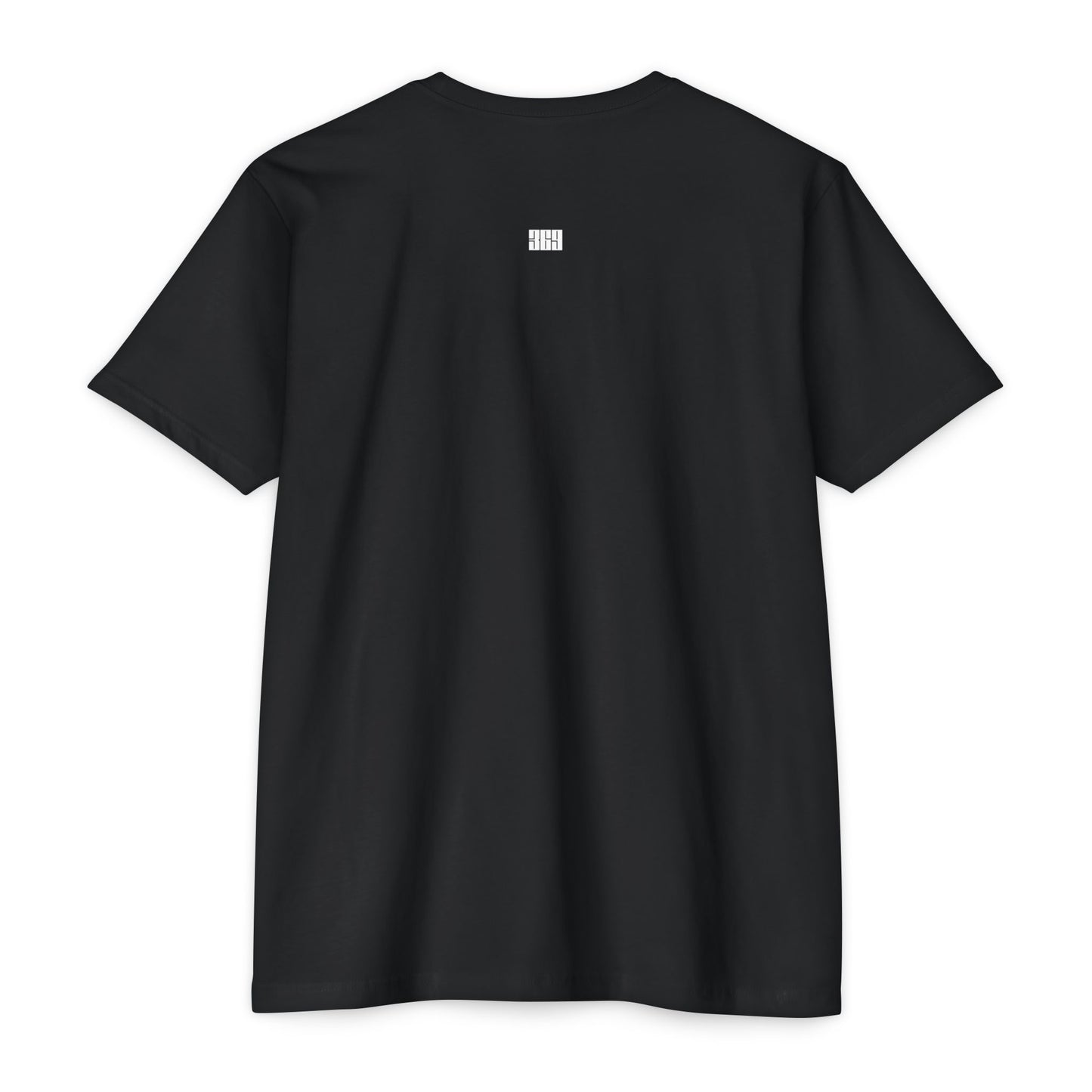 Black t-shirt with a small white 3 6 9 logo on the back against a white background
