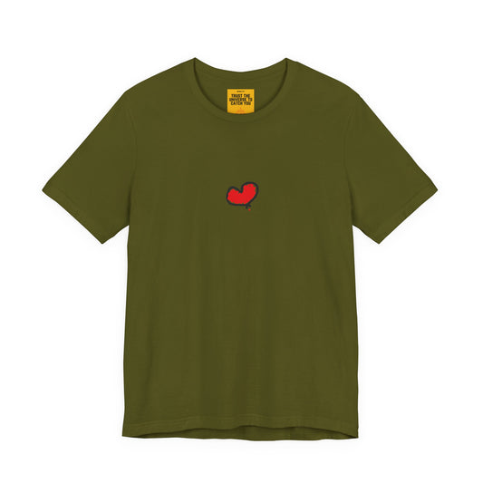 Green t-shirt with a red heart a.hooman design on a white background and yellow tag Trust The Universe to Catch You