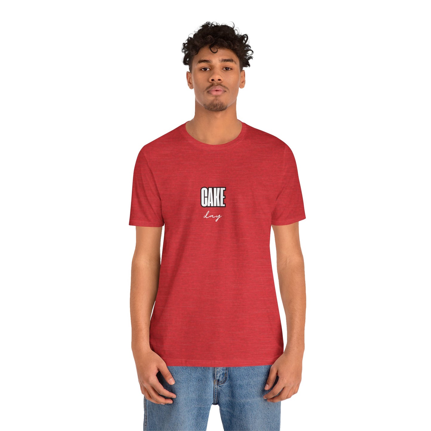 Person wearing red CAKE DAY shirt - birthday gift Reddit anniversary recovery tee