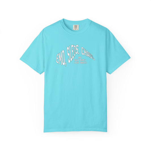 Emo Sleds Chaos Your Mom's Fruit Snacks garment-dyed t-shirt in relaxed fit, heavyweight ring-spun cotton in lagoon blue