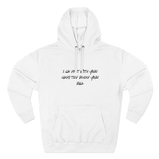 White hoodie with black text on a white background