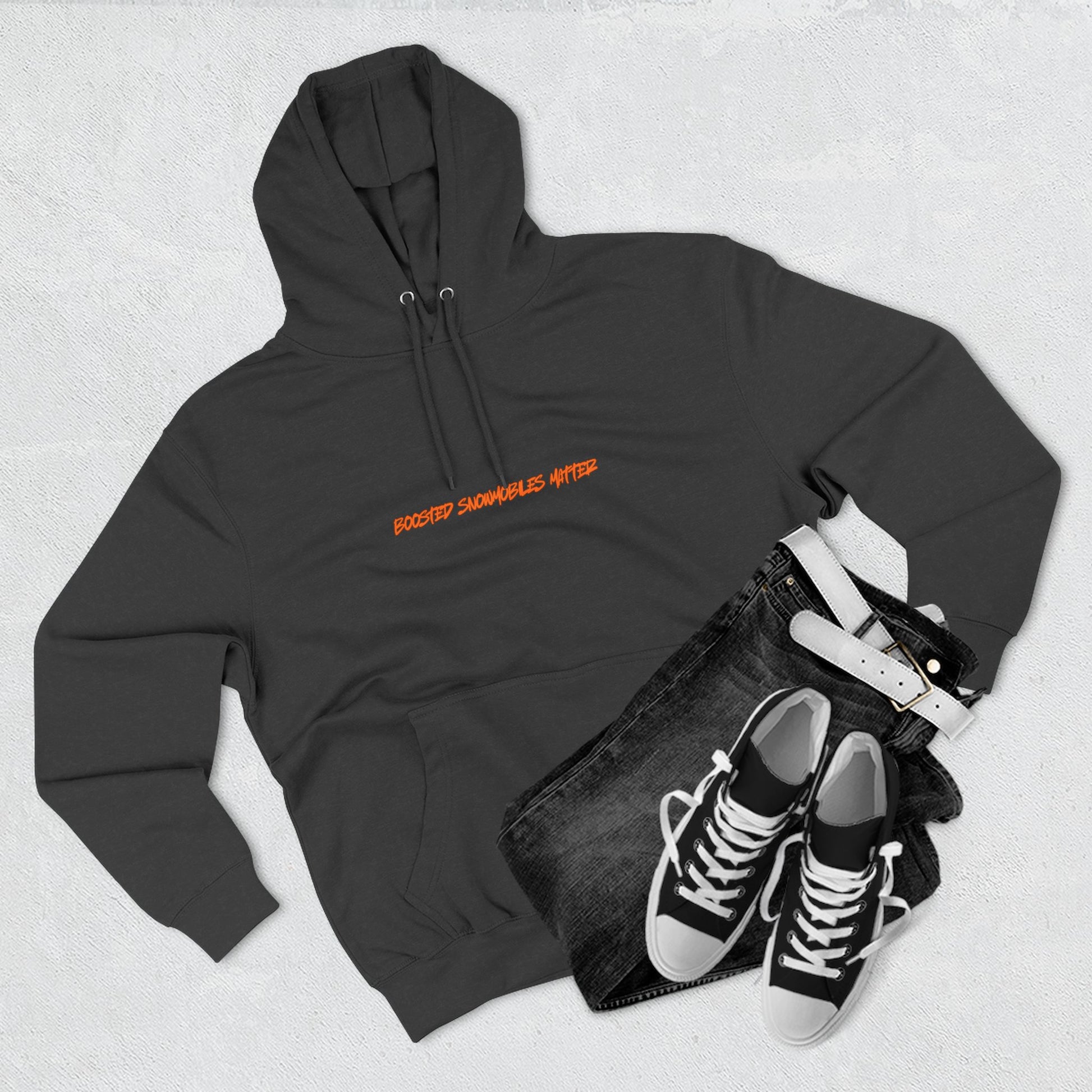 black BOOSTED SNOWMOBILES MATTER graphic hoodie with orange text - eco-friendly turbo sled life streetwear