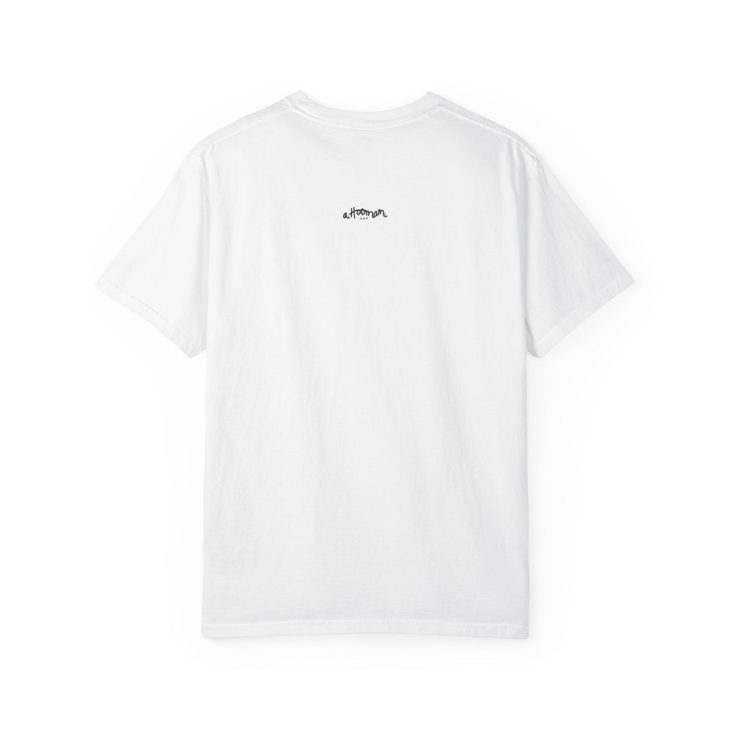 White t-shirt with a small a.hooman signature logo on the back against a white background
