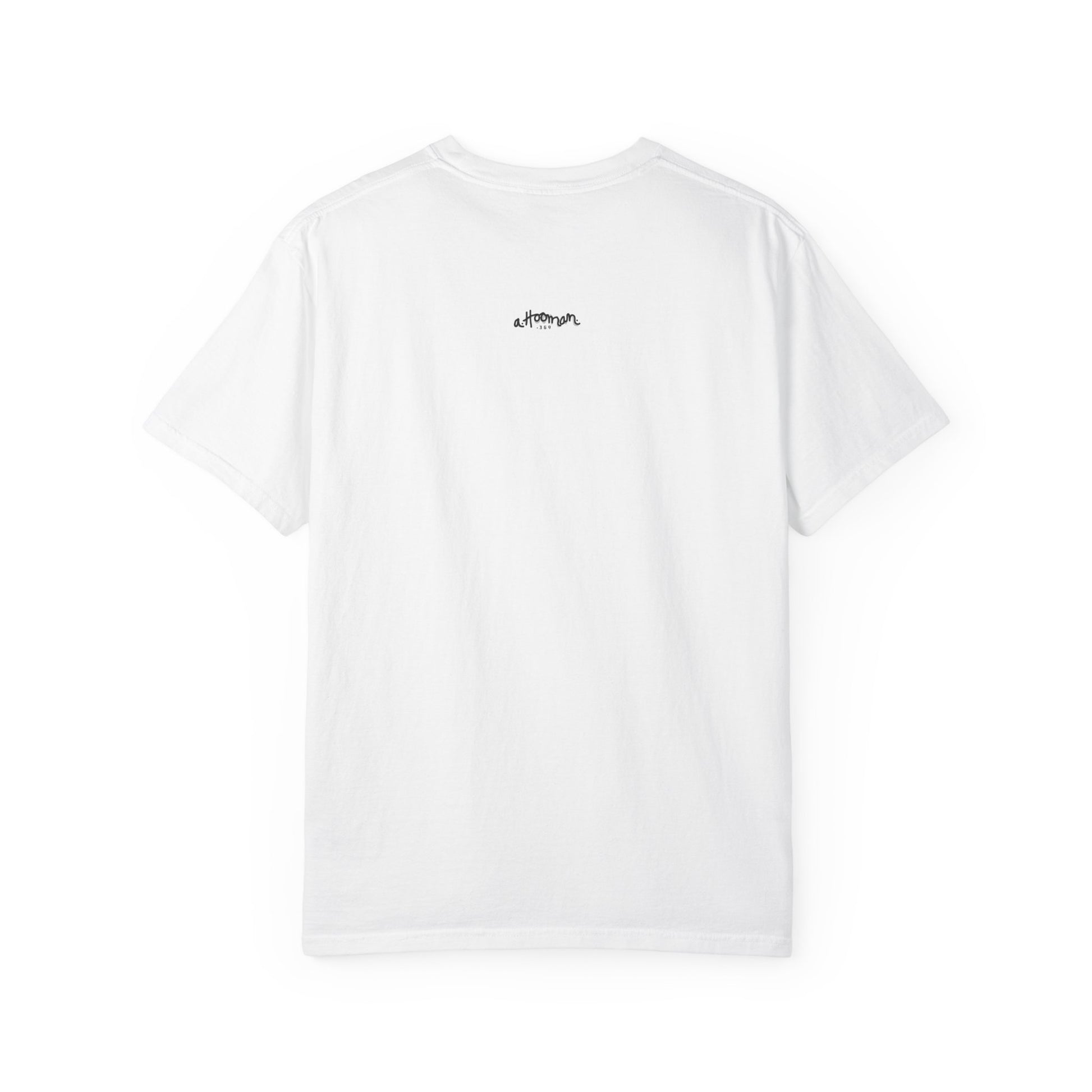 White t-shirt with a small a.hooman signature logo on the back against a white background