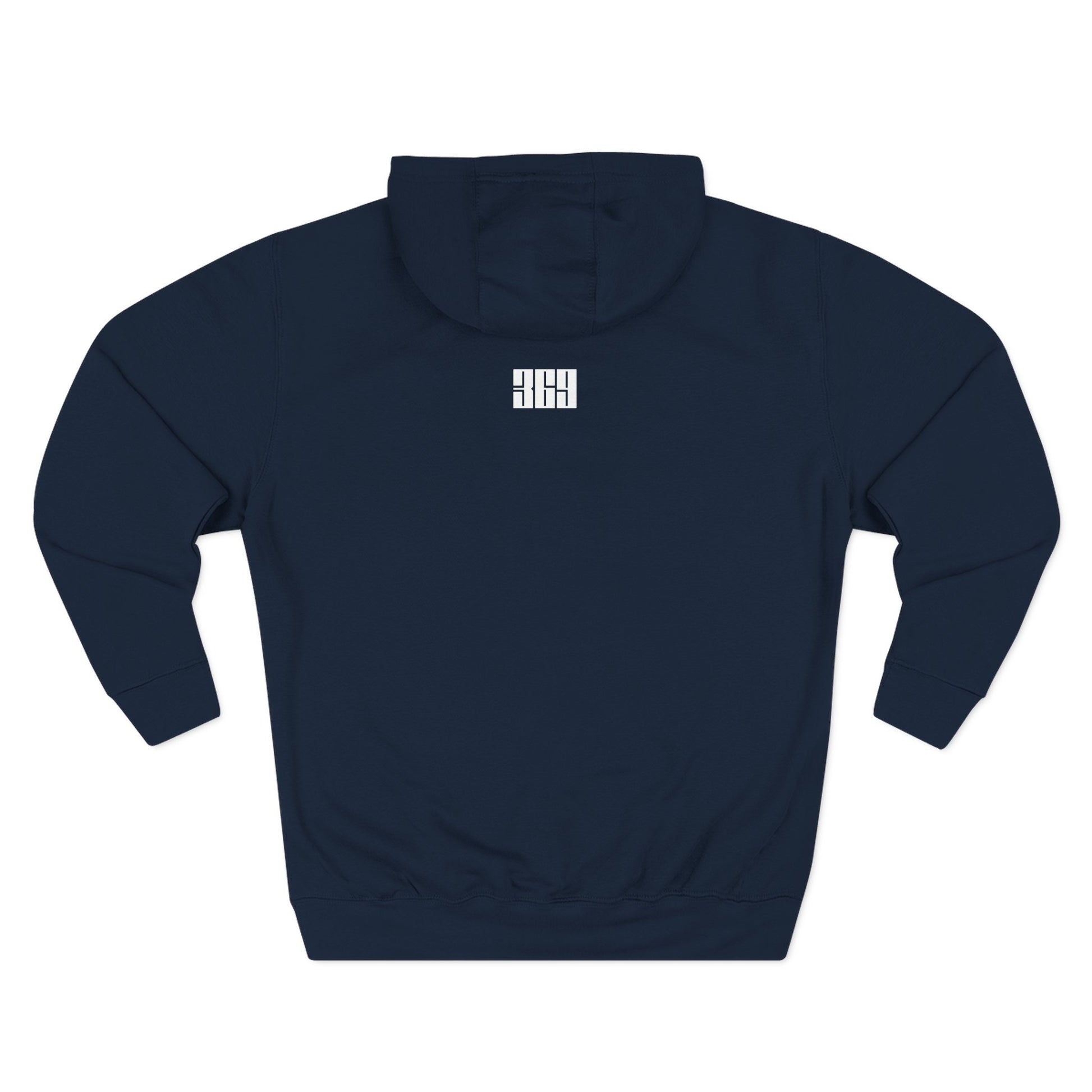 Back view of  navy BOOSTED SNOWMOBILES MATTER black hoodie - sustainable sled life apparel- 369