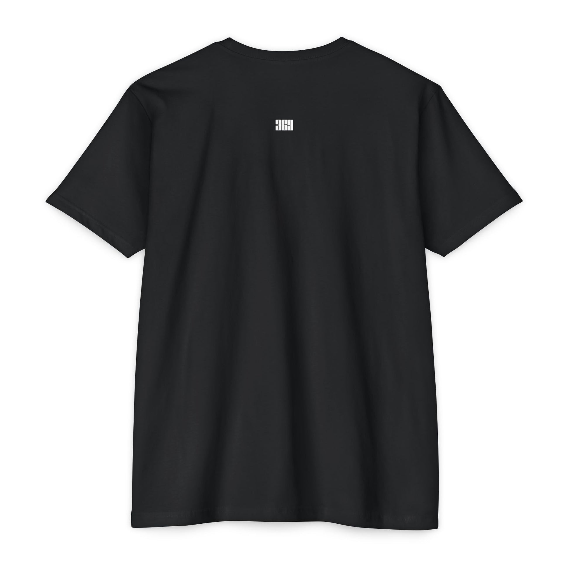 Black t-shirt with a small white 3 6 9  logo on the back against a white background