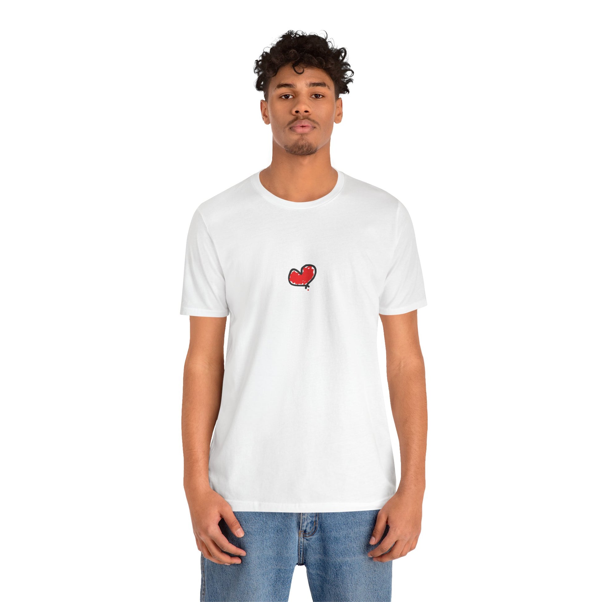Person wearing a white t-shirt with a red heart a.hooman design on a white background -front