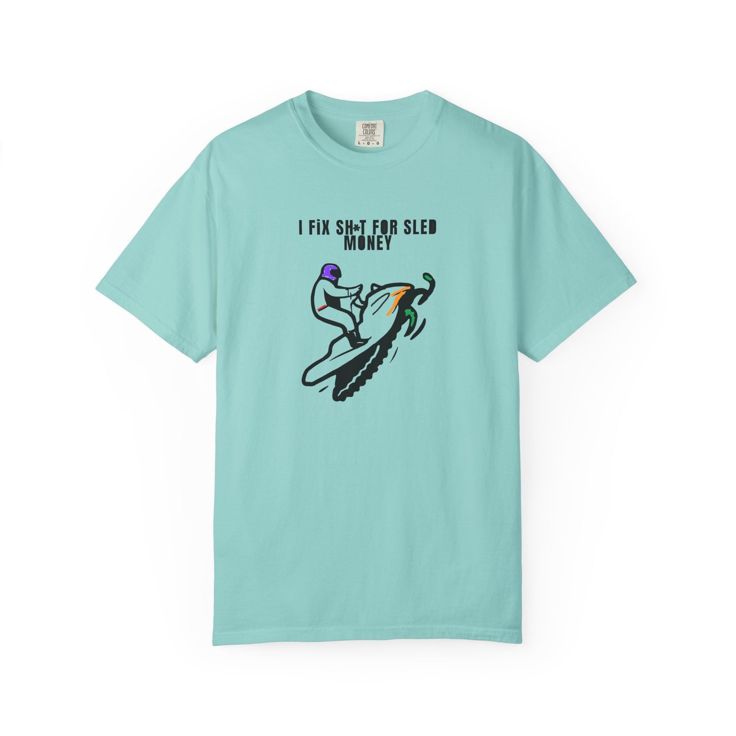 mint green t-shirt with snowmobile graphic design and text on a white background