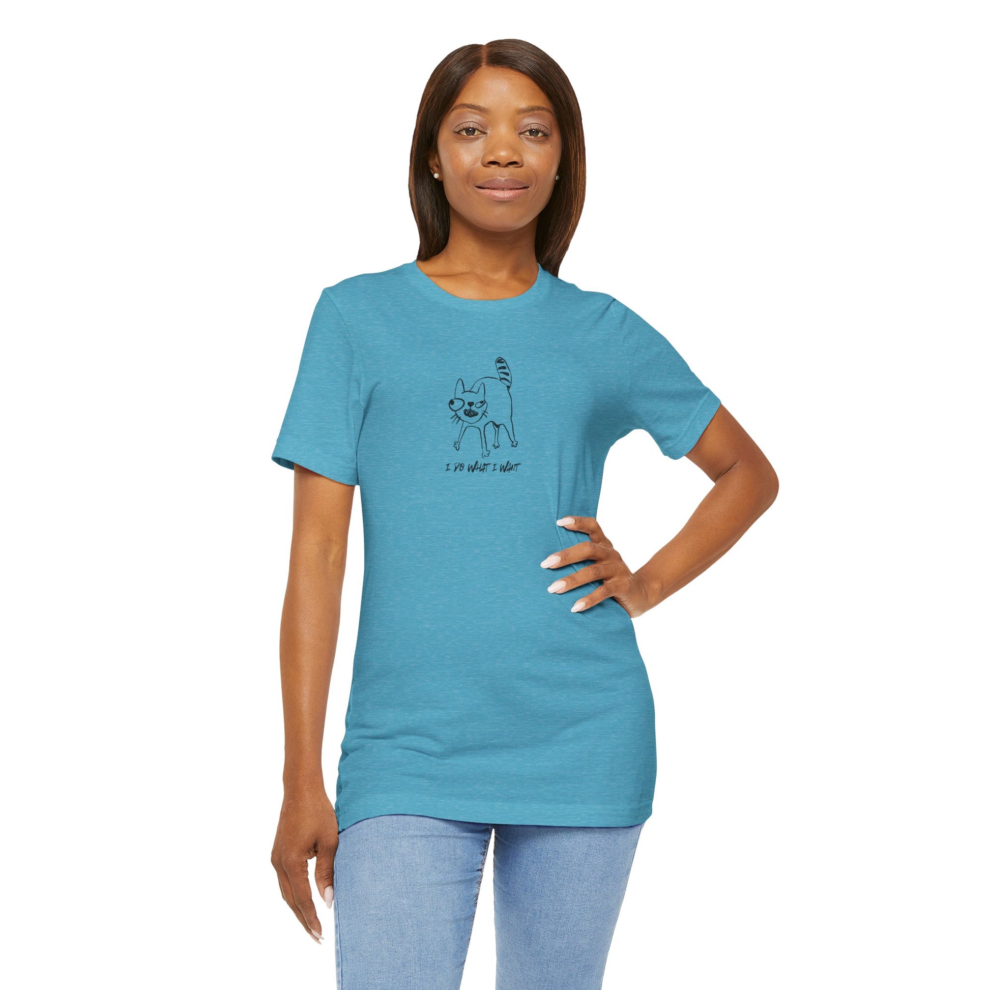 woman wearing blue I DO WHAT I WANT shirt - funny cat mom cat dad apparel