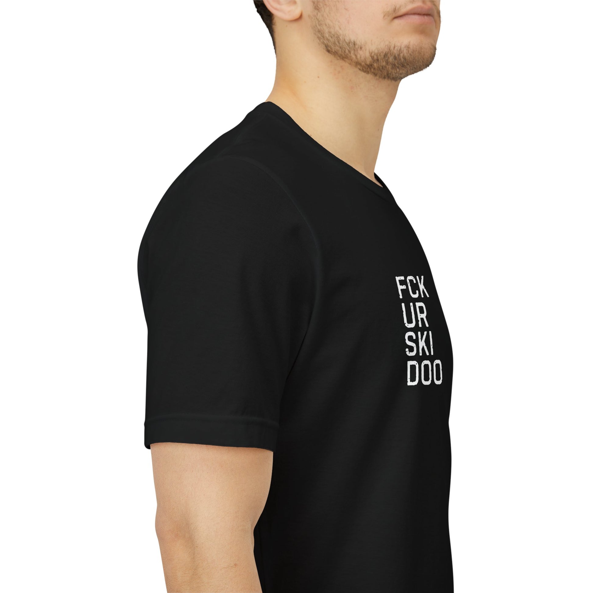 man wearing FCKURSKIDO graphic tee - funny snowmobile brand rivalry Arctic Cat Polaris Yamaha shirt