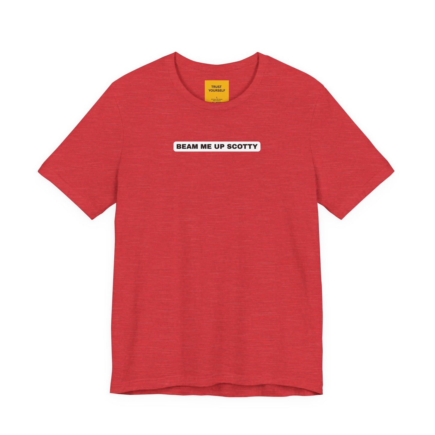 Beam Me Up Scotty Mandela Effect t-shirt in red, unisex Bella Canvas 3001, featuring Star Trek misquote text design inn white on black background stripe