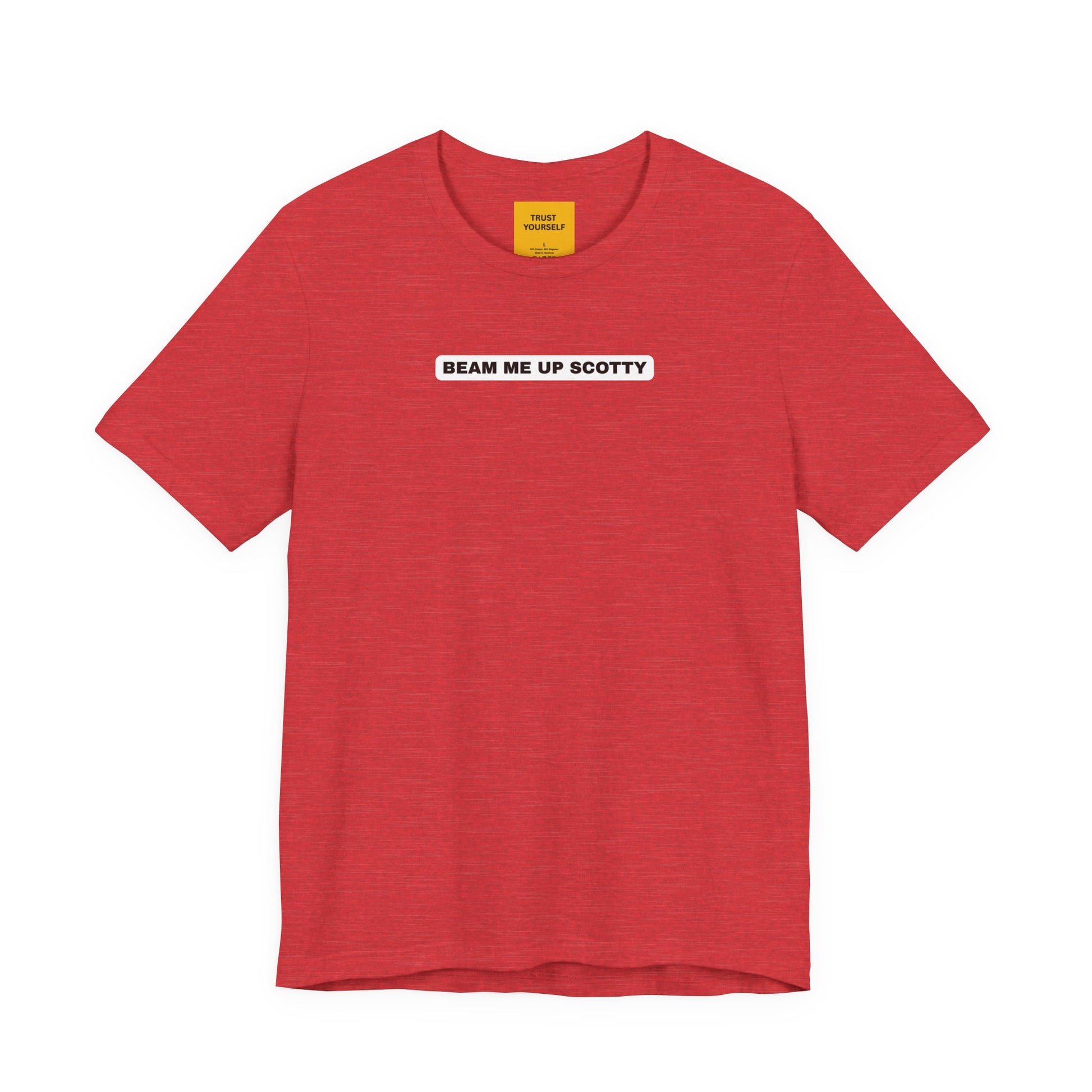 Beam Me Up Scotty Mandela Effect t-shirt in red, unisex Bella Canvas 3001, featuring Star Trek misquote text design inn white on black background stripe