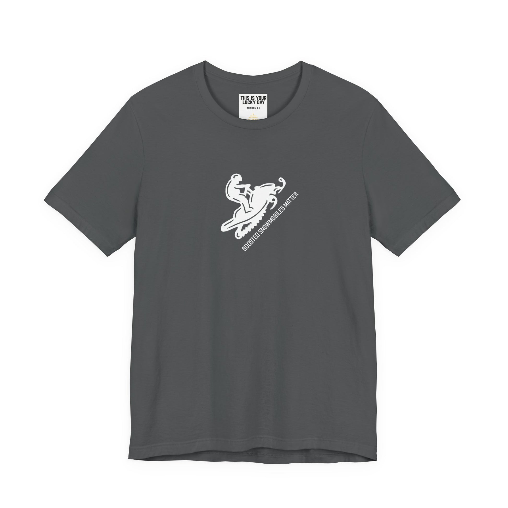 grey unisex t-shirt with diagonal white text reading BOOSTED SNOWMOBILES MATTER - snowmobile culture apparel