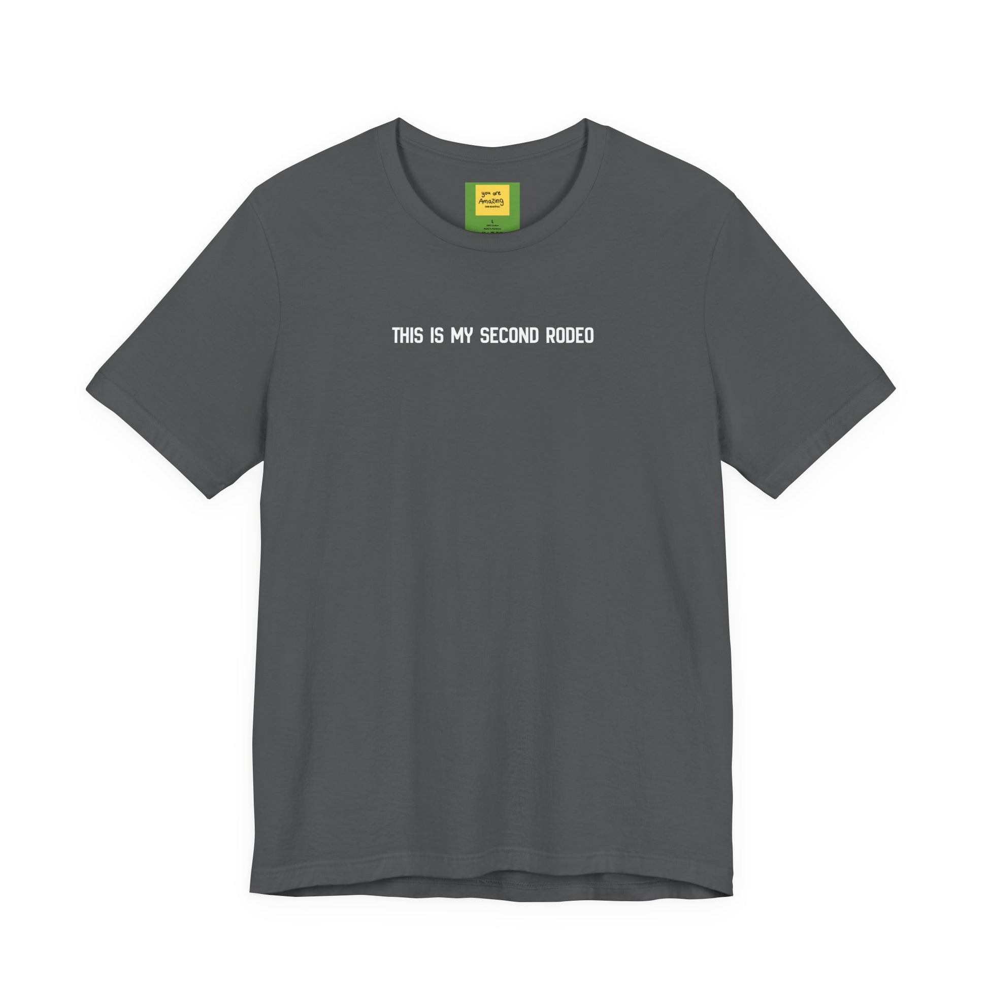 This Is My Second Rodeo funny western t-shirt in lightweight Airlume cotton, retail fit
in pepper grey with hidden message neck label "you are amazing and beautiful"
