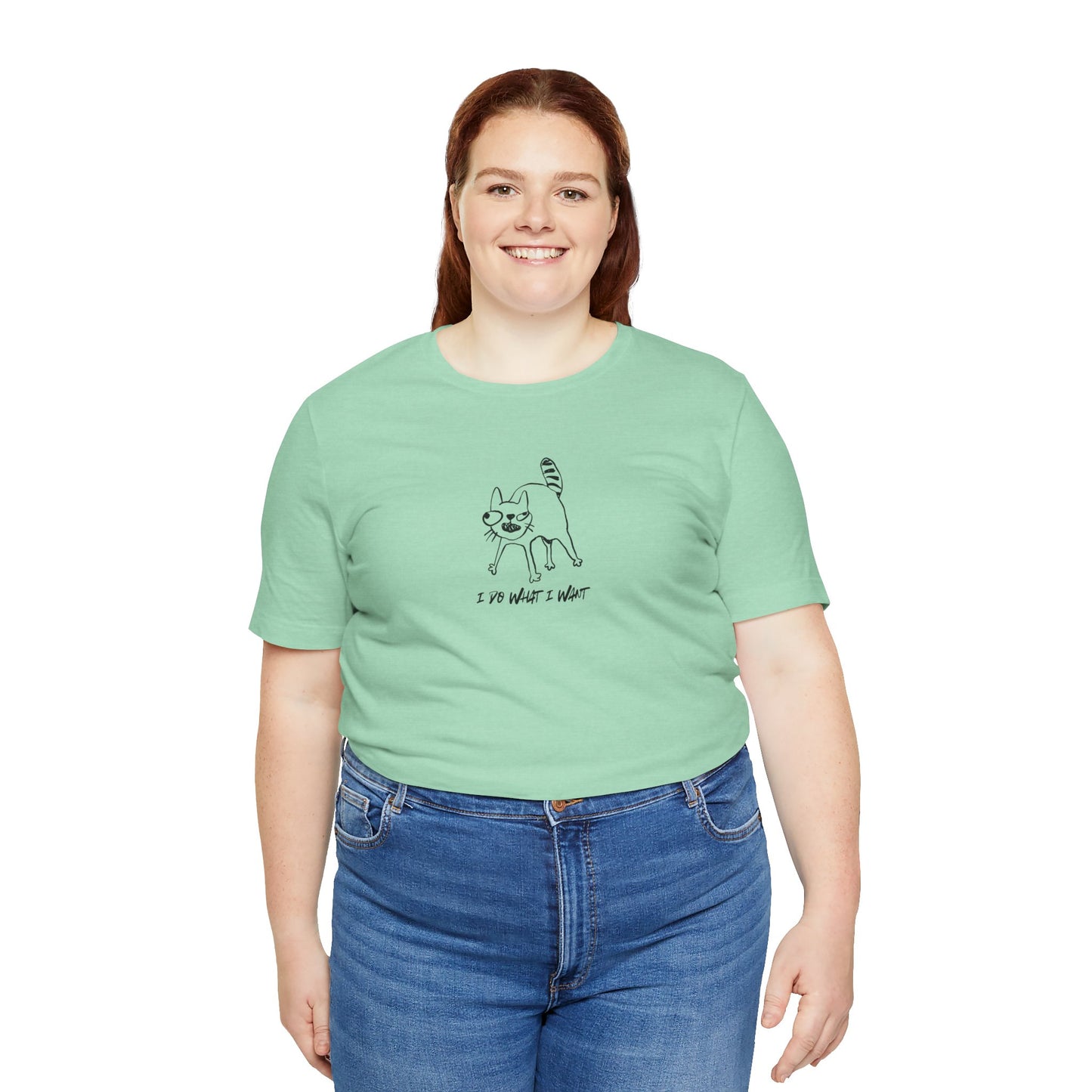 person wearing unisex t-shirt with I DO WHAT I WANT black text - funny crazy cat lady tee