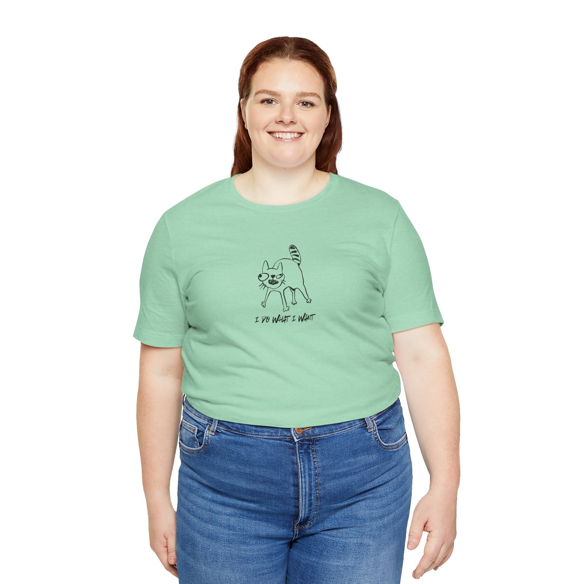 person wearing unisex t-shirt with I DO WHAT I WANT black text - funny crazy cat lady tee