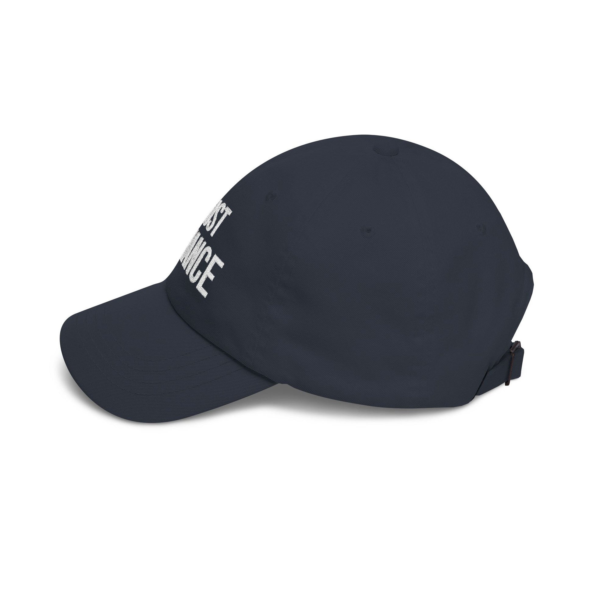 side view classic dad cap with white embroidered TRUST DEFIANCE text - unstructured cotton hat