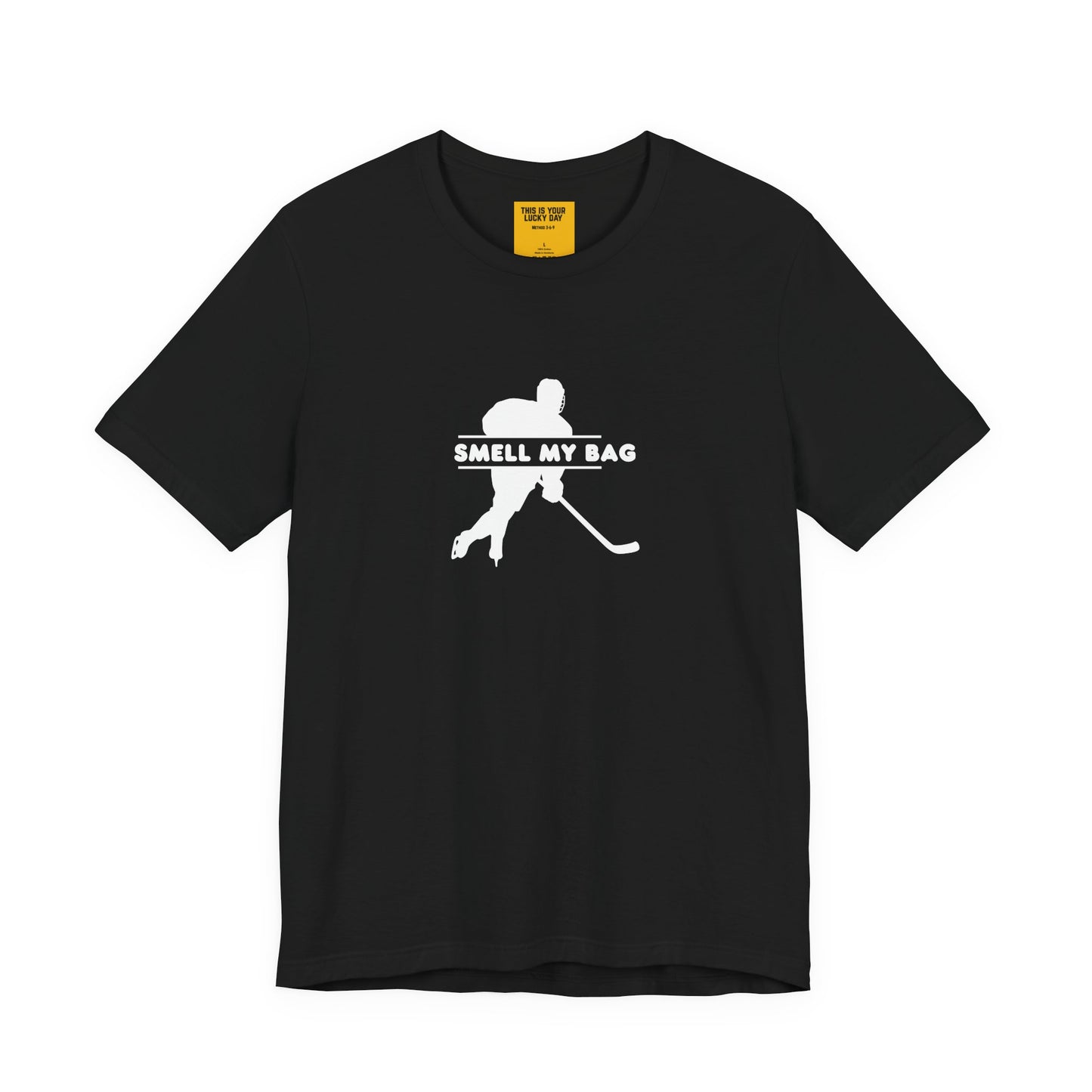 SMELL MY BAG black hockey t-shirt with funny gear bag humor - front view 