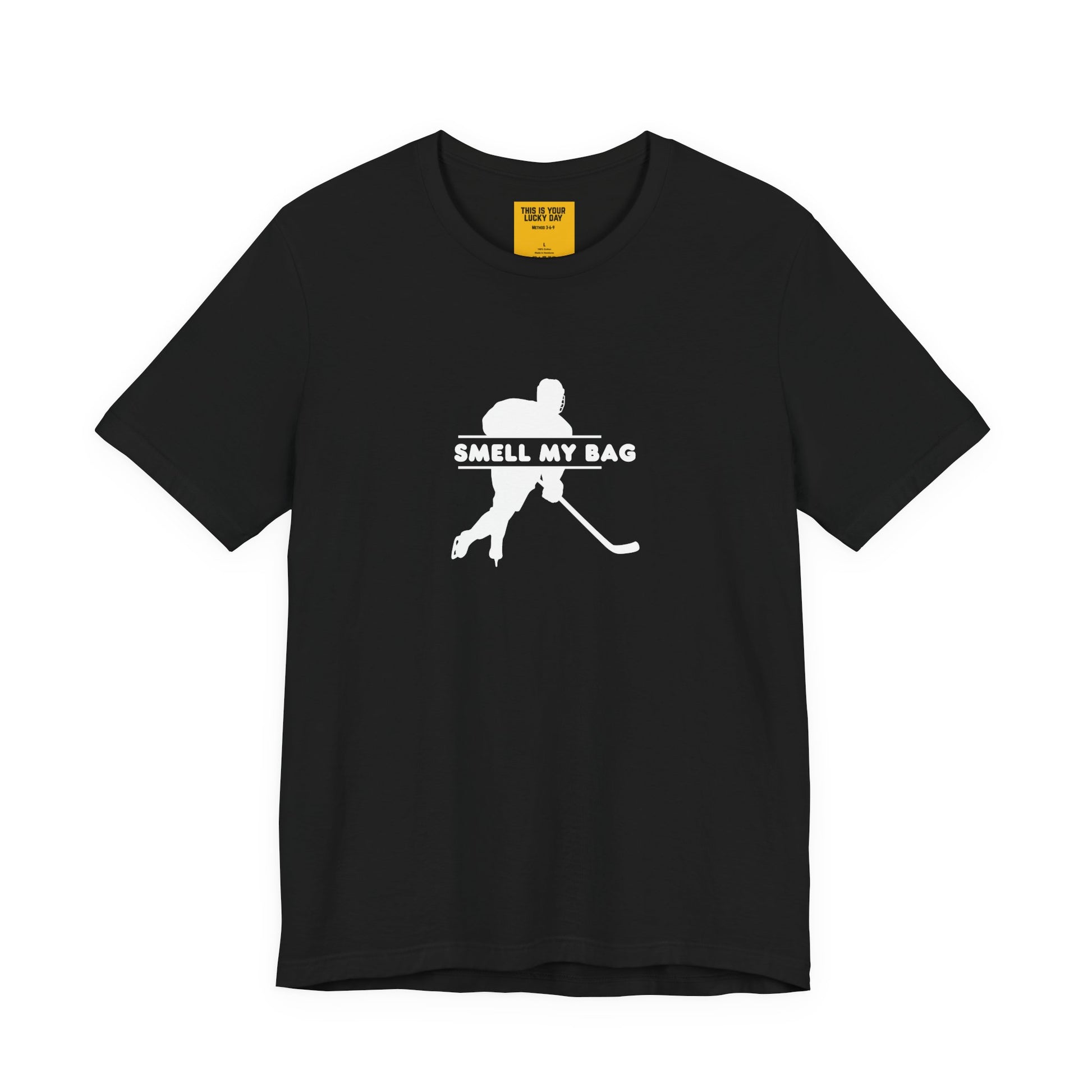 SMELL MY BAG black hockey t-shirt with funny gear bag humor - front view 