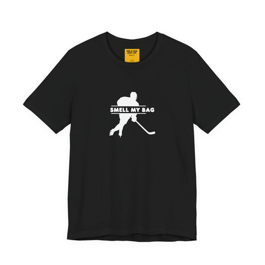 SMELL MY BAG black hockey t-shirt with funny gear bag humor - front view 