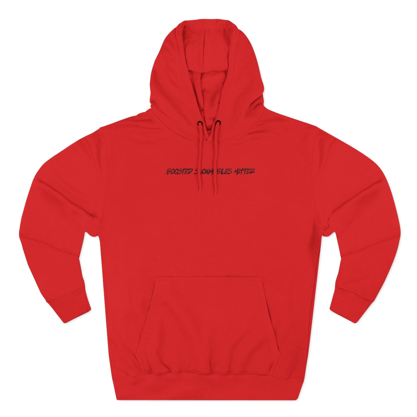 red Fleece hoodie with BOOSTED SNOWMOBILES MATTER text - eco-friendly snowmobile hoodie