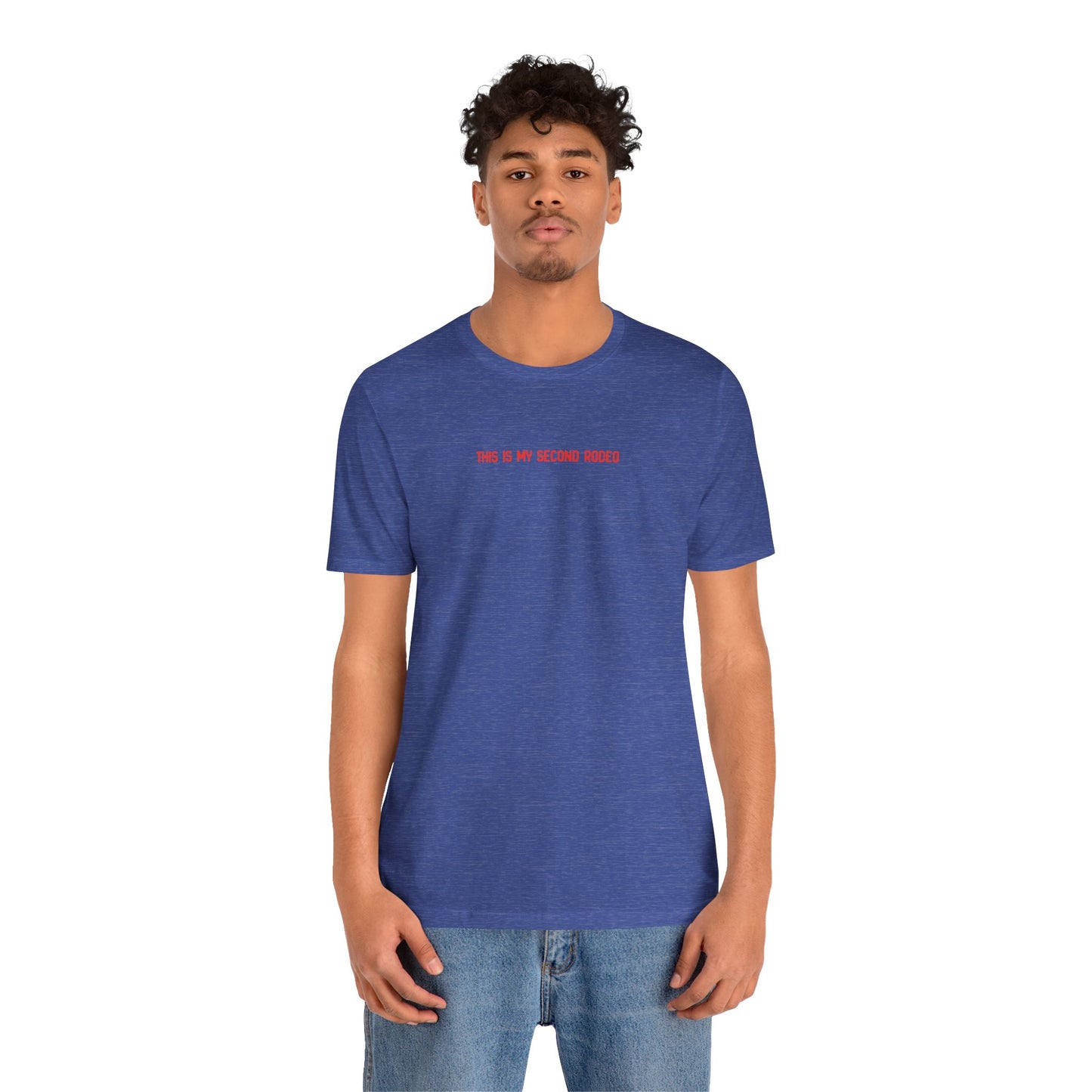man wearing This Is My Second Rodeo western cowboy cowgirl t-shirts in blue with red writing, casual rodeo apparel 