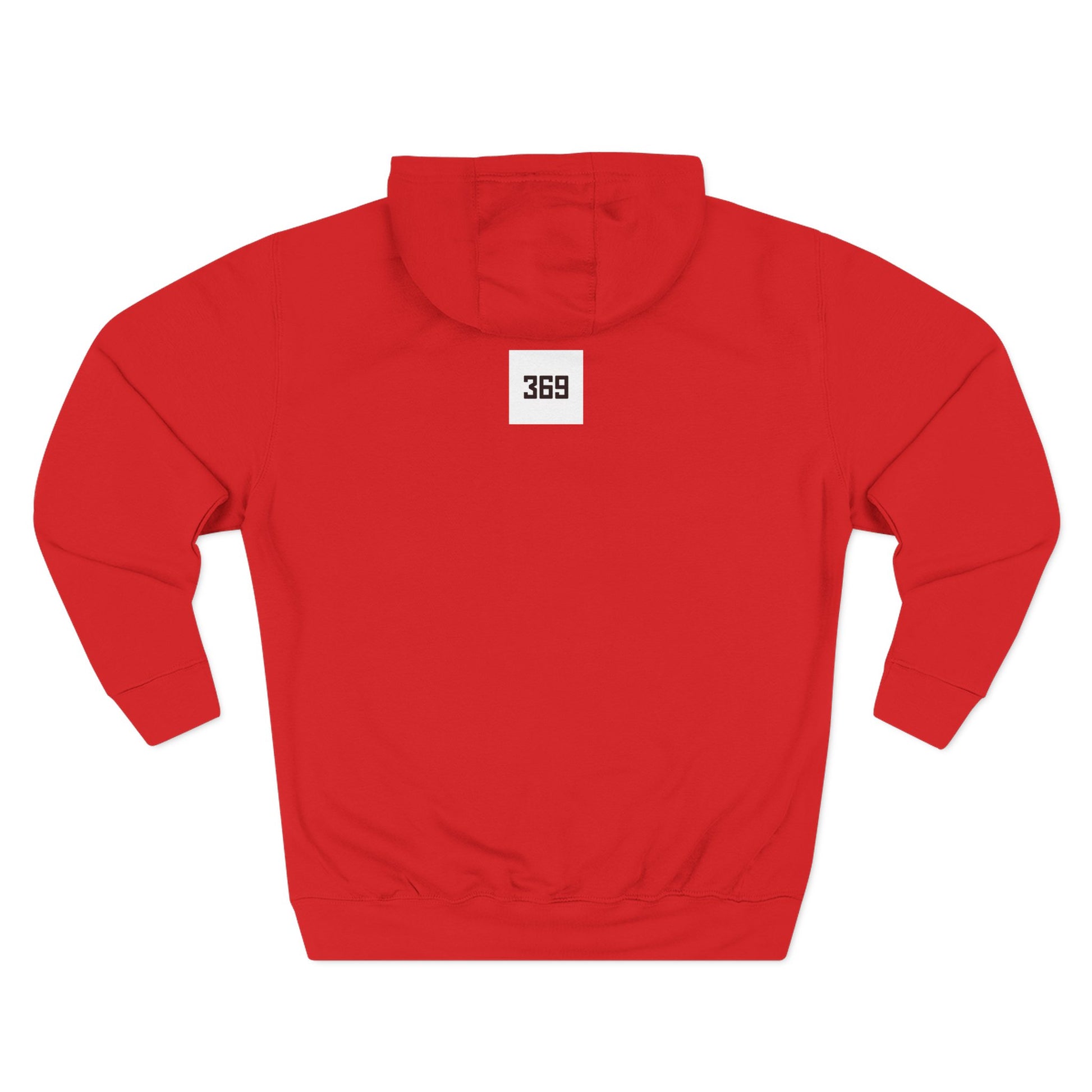 Red hoodie with a white square logo 369 on the chest on a white background