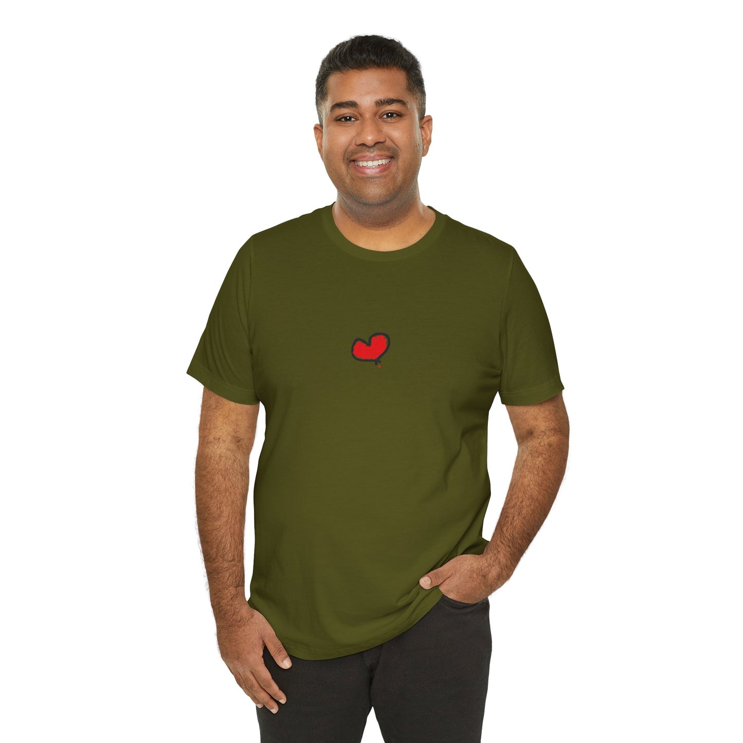 Man wearing a green t-shirt with a red heart design on a white background