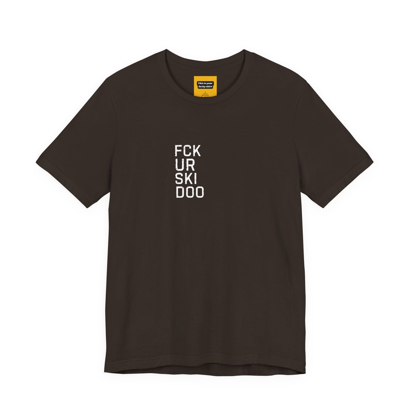 brown unisex t-shirt with FCKURSKIDO text - funny snowmobile rivalry tee
