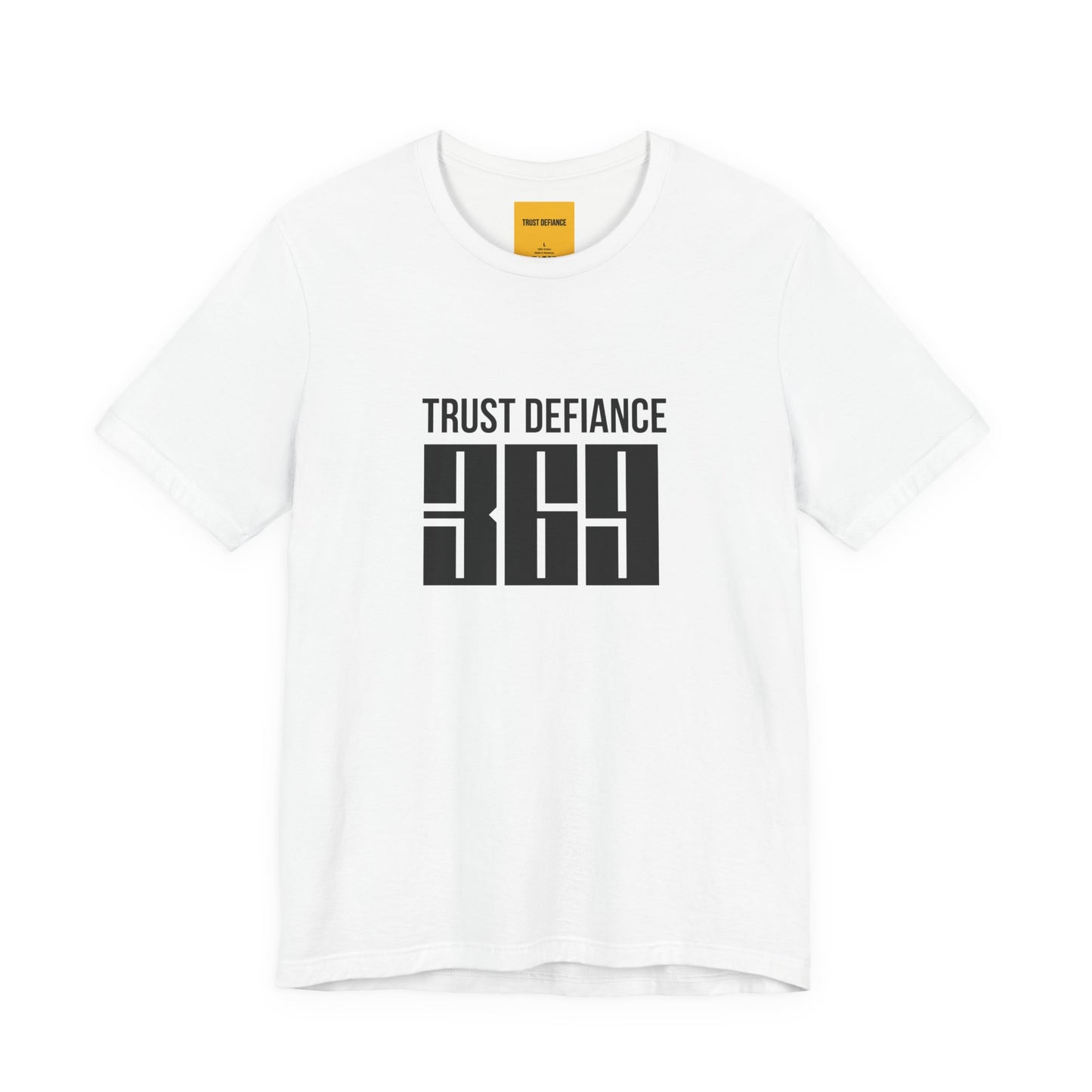 white unisex t-shirt with TRUST DEFIANCE 369 graphic print - manifestation streetwear tee