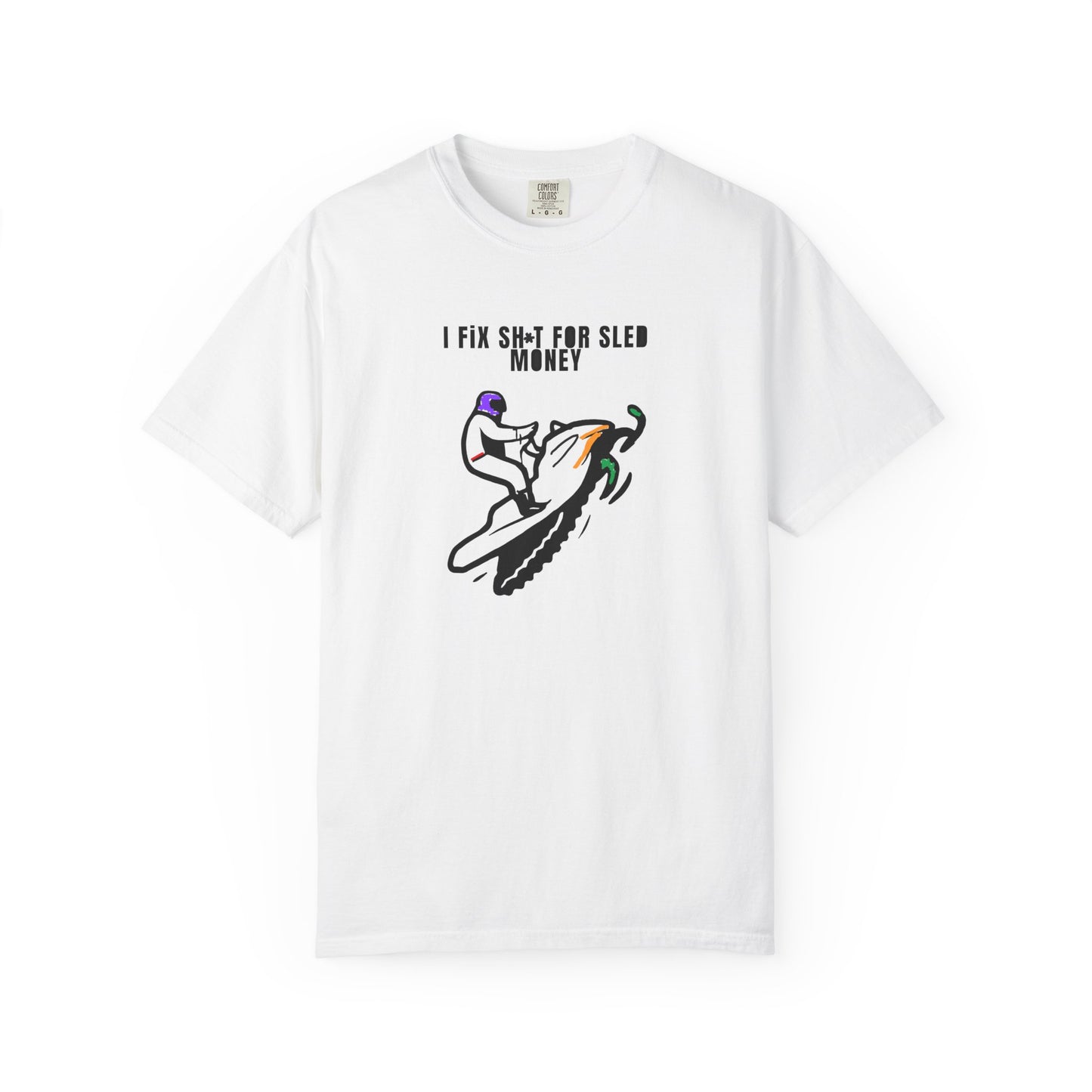 White t-shirt with snowmobile graphic design and text on a white background