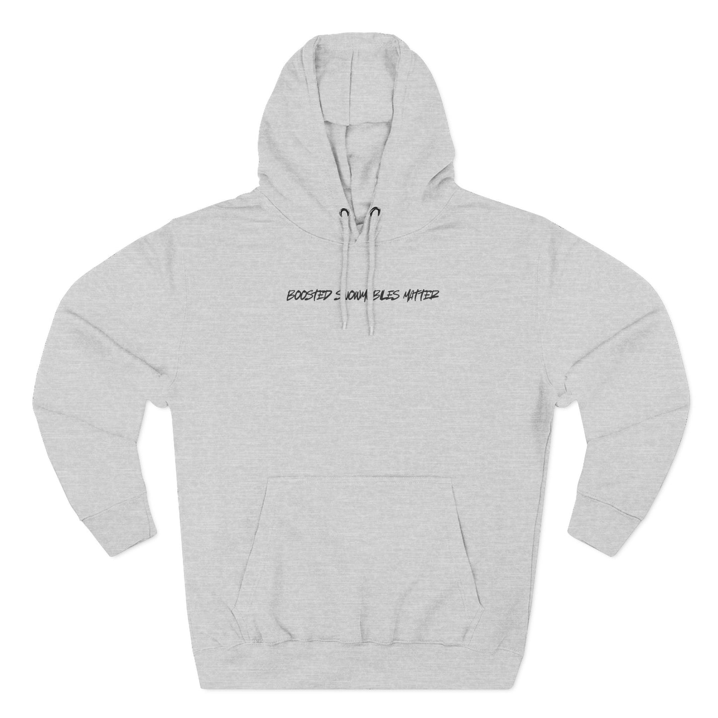 light gray Fleece hoodie with BOOSTED SNOWMOBILES MATTER text - eco-friendly snowmobile hoodie