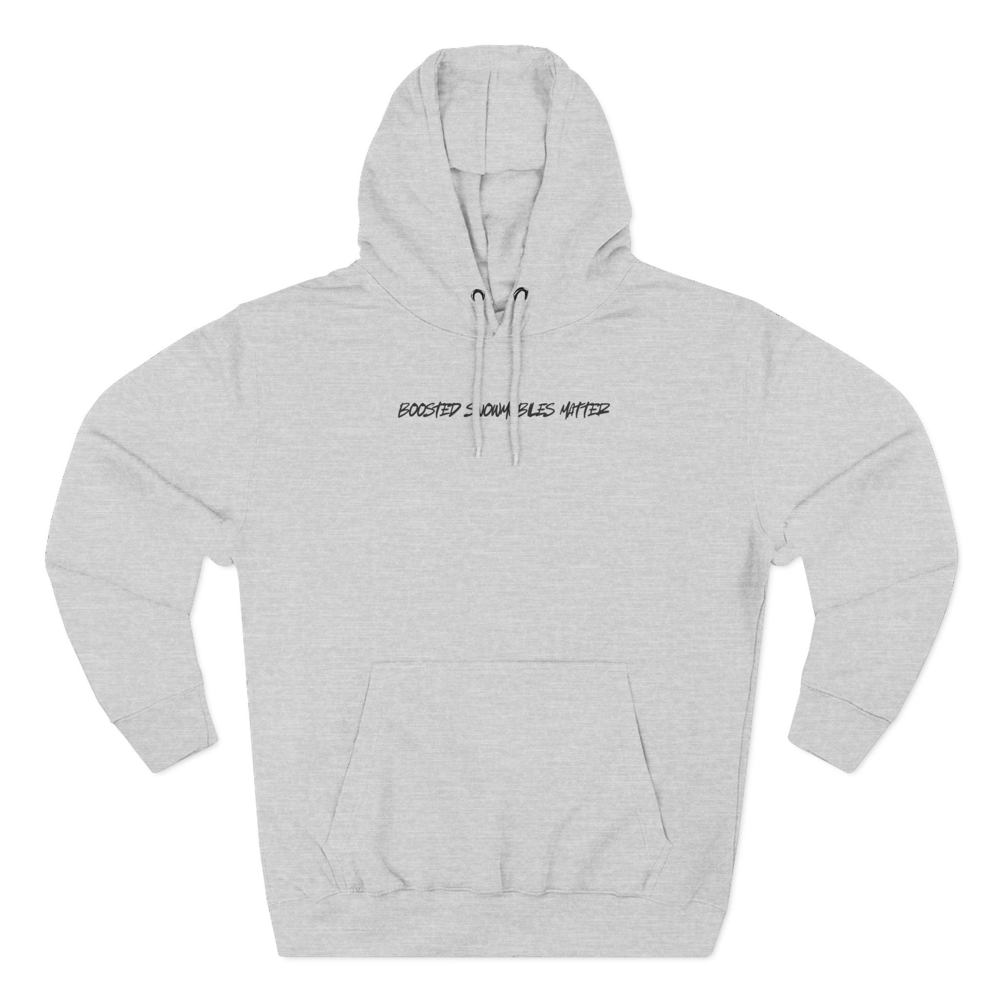 light gray Fleece hoodie with BOOSTED SNOWMOBILES MATTER text - eco-friendly snowmobile hoodie