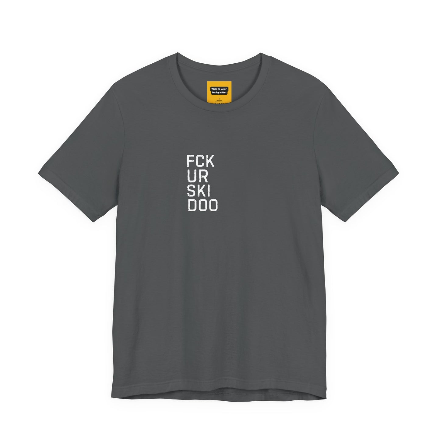 asphalt gray unisex t-shirt with FCKURSKIDO text - funny snowmobile rivalry tee
