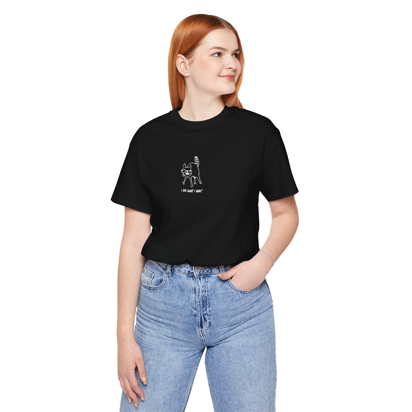 woman wearing I DO WHAT I WANTblack  shirt  white text - funny cat mom cat dad apparel