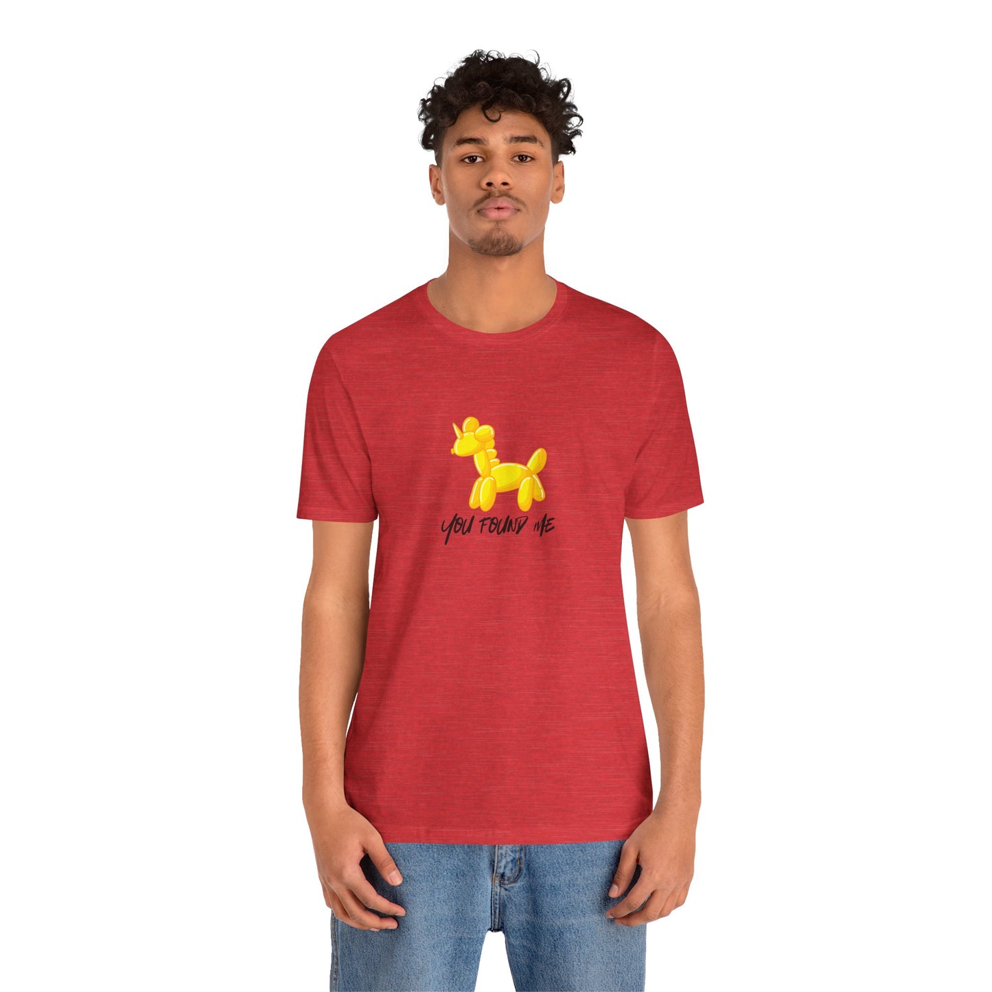 Red shirt with yellow balloon animal unicorn black text "you found me" and back  reads 'I'll be your HOT BUFFET. a hoomman' on a white background