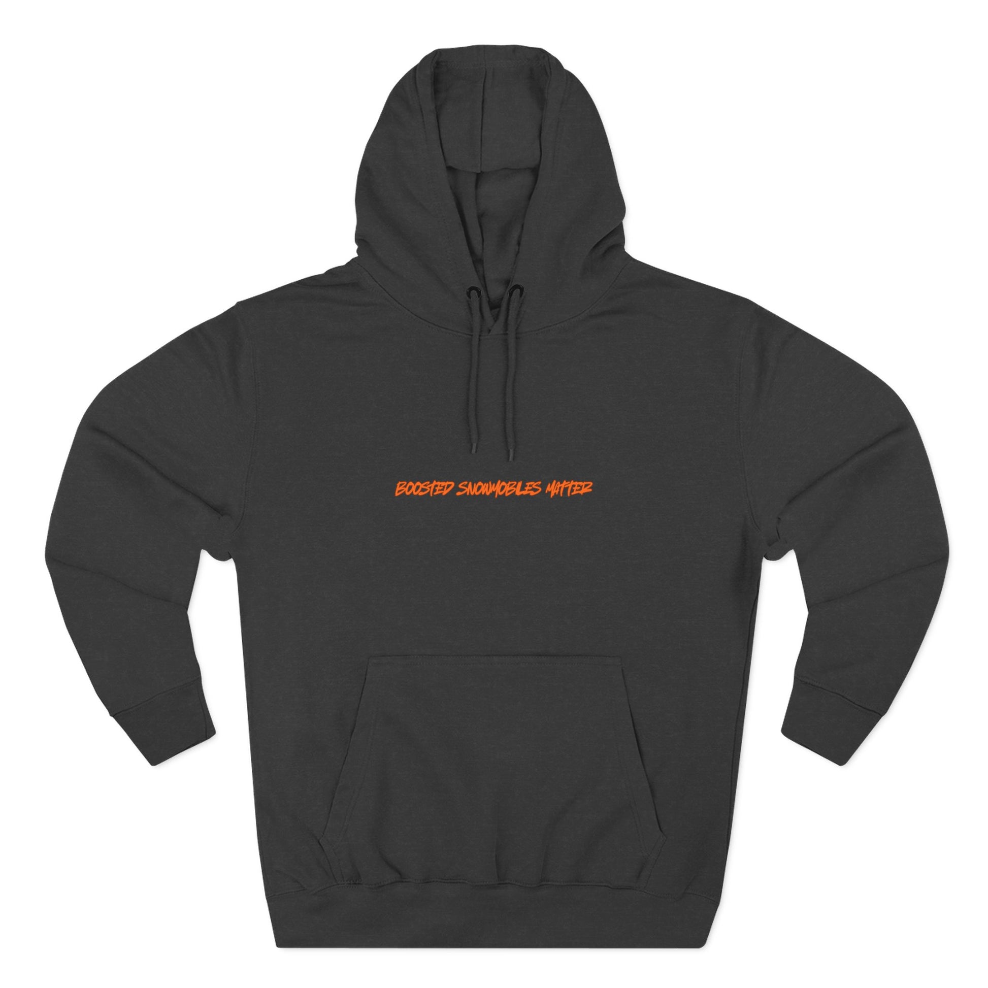 balck BOOSTED SNOWMOBILES MATTER graphic hoodie  wtih orange text - eco-friendly turbo sled life streetwear