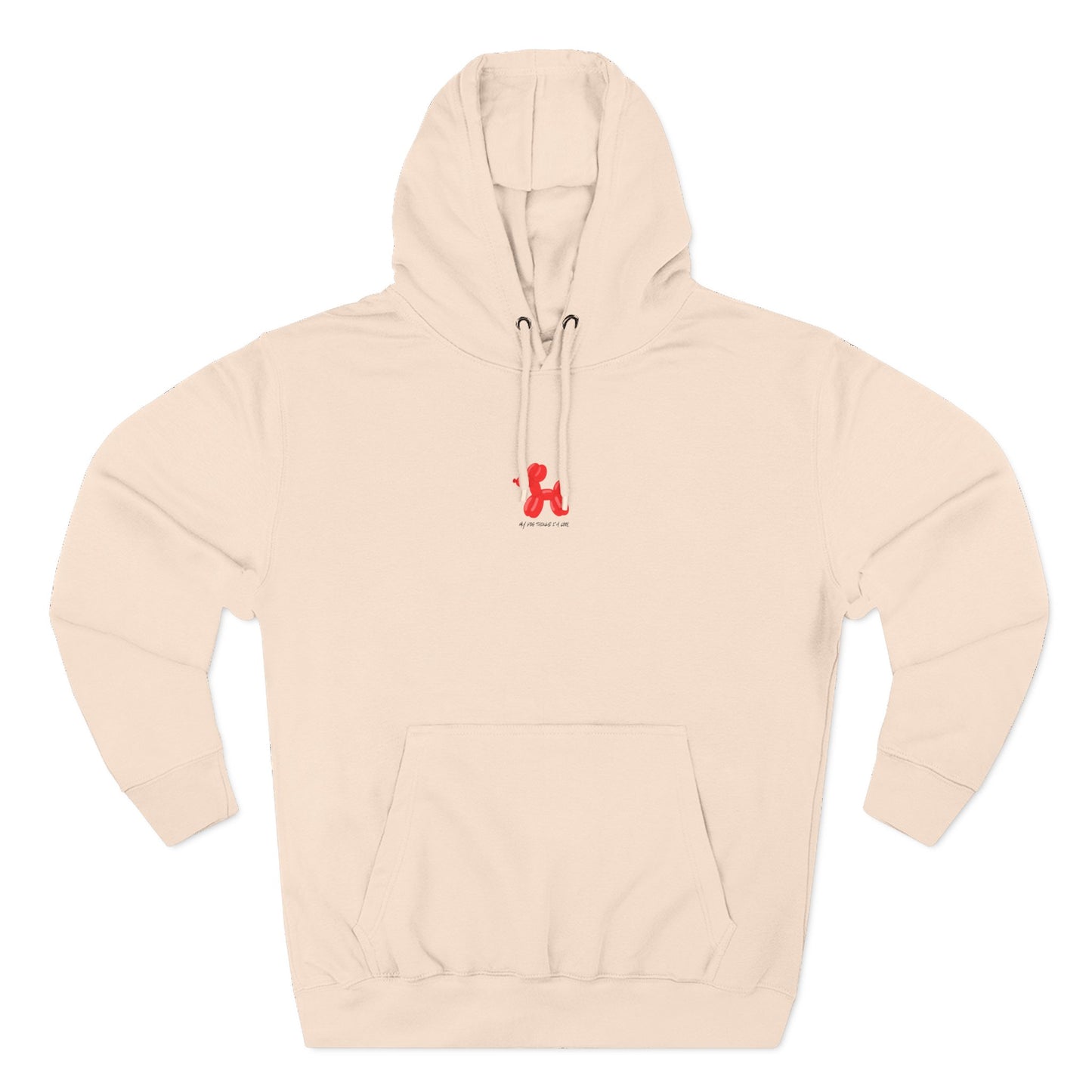 pink beige  sand color pullover hoodie with my dog thinks i'm cool text and red balloon dog graphic