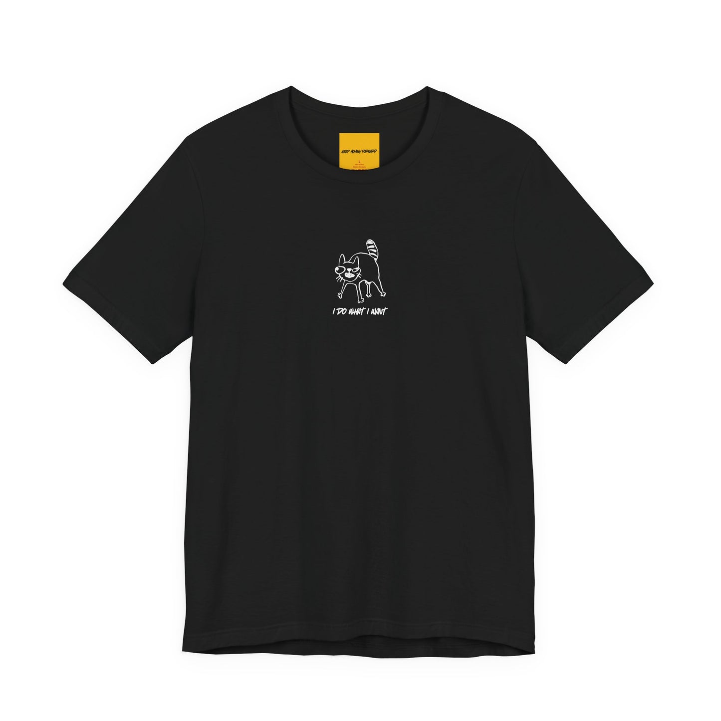 black Black unisex t-shirt with I DO WHAT I WANT text - funny crazy cat lady tee