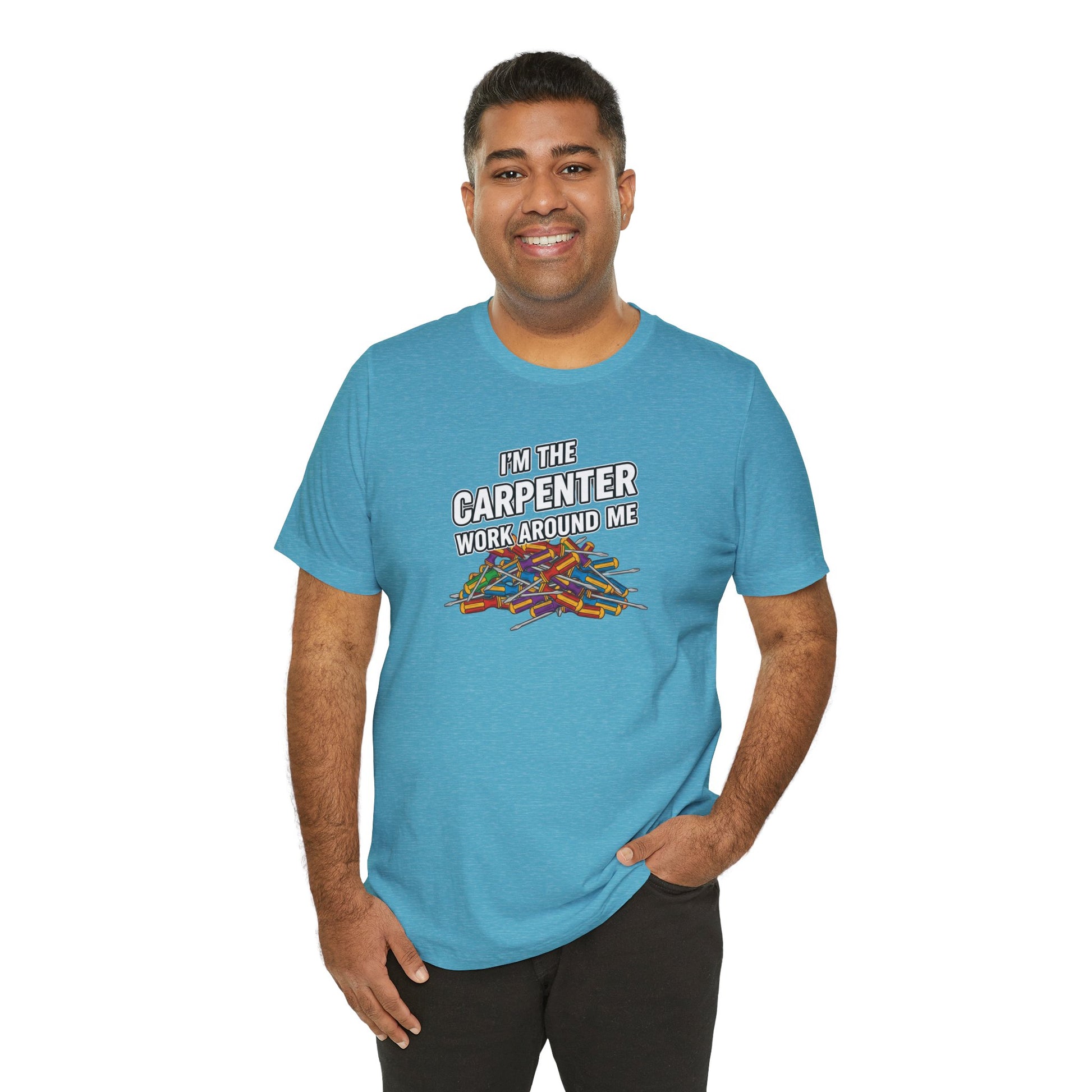 Male model wearing heather aqua (blue) carpenter work shirt with hidden message detail - method369 streetwear