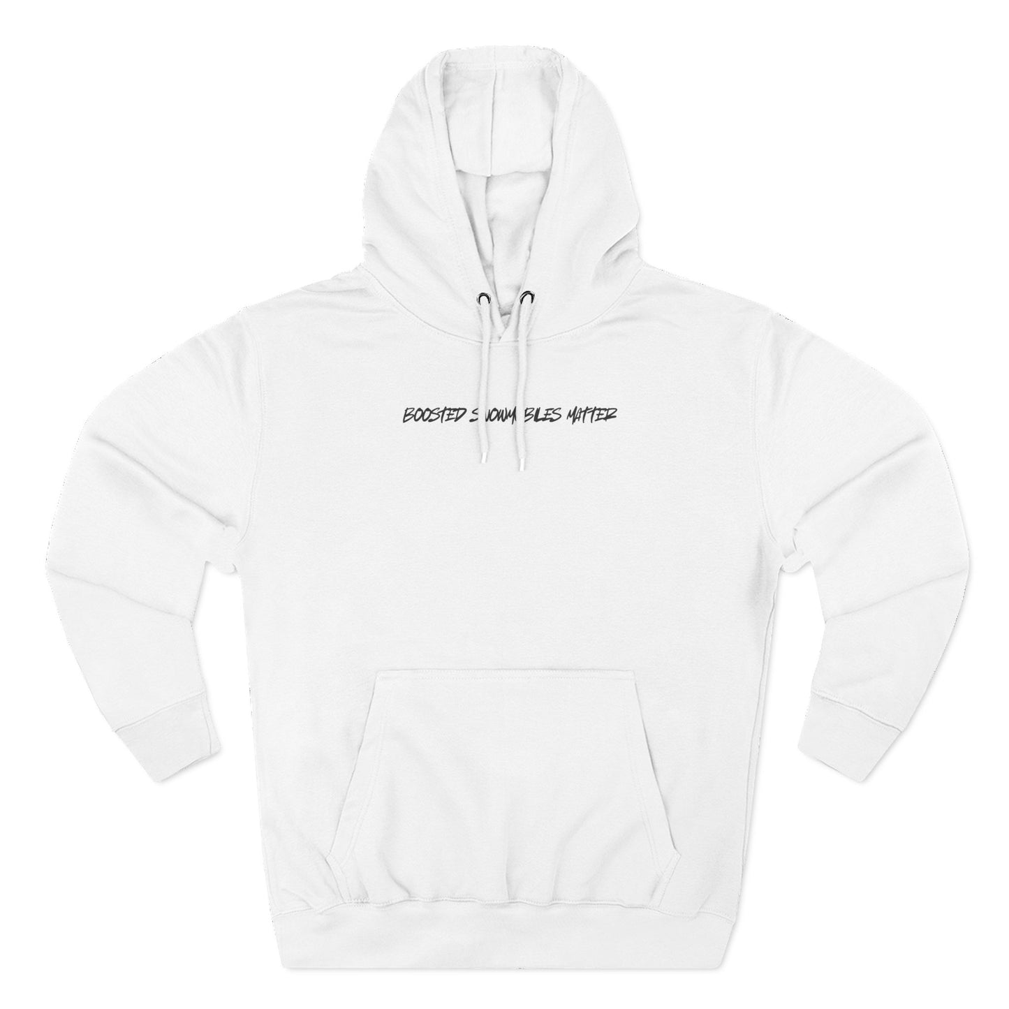 white Fleece hoodie with BOOSTED SNOWMOBILES MATTER text - eco-friendly snowmobile hoodie