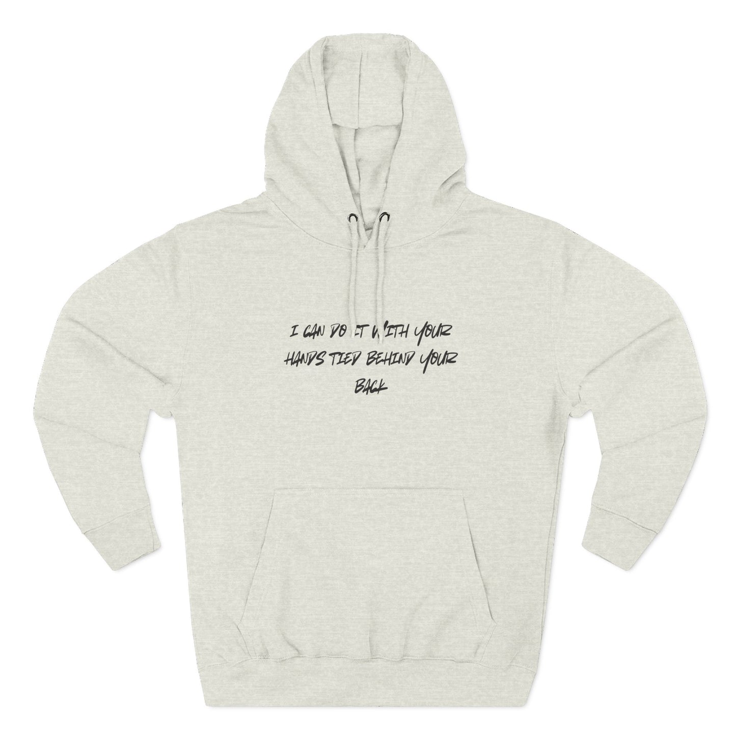 Beige hoodie with text on a white background