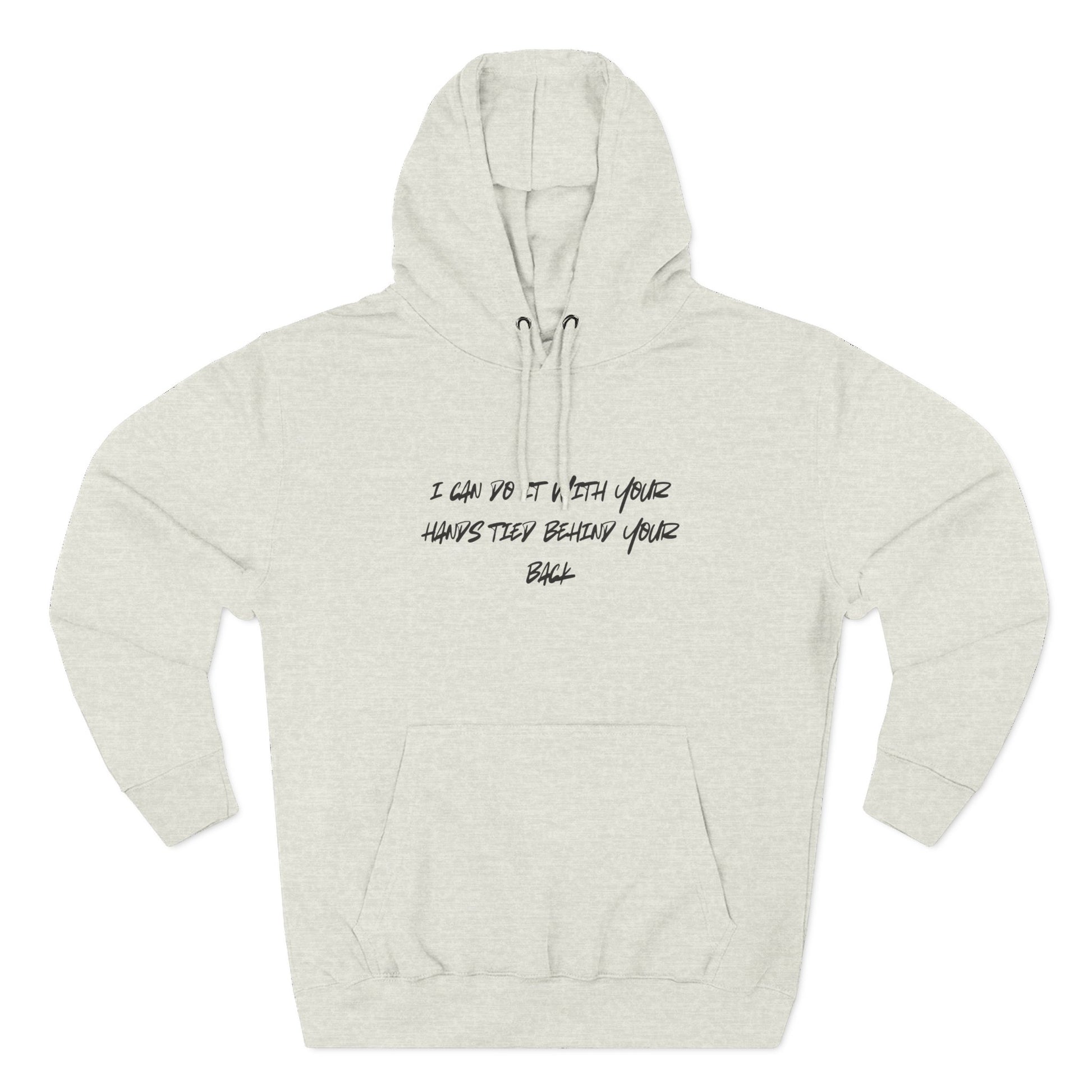 Beige hoodie with text on a white background
