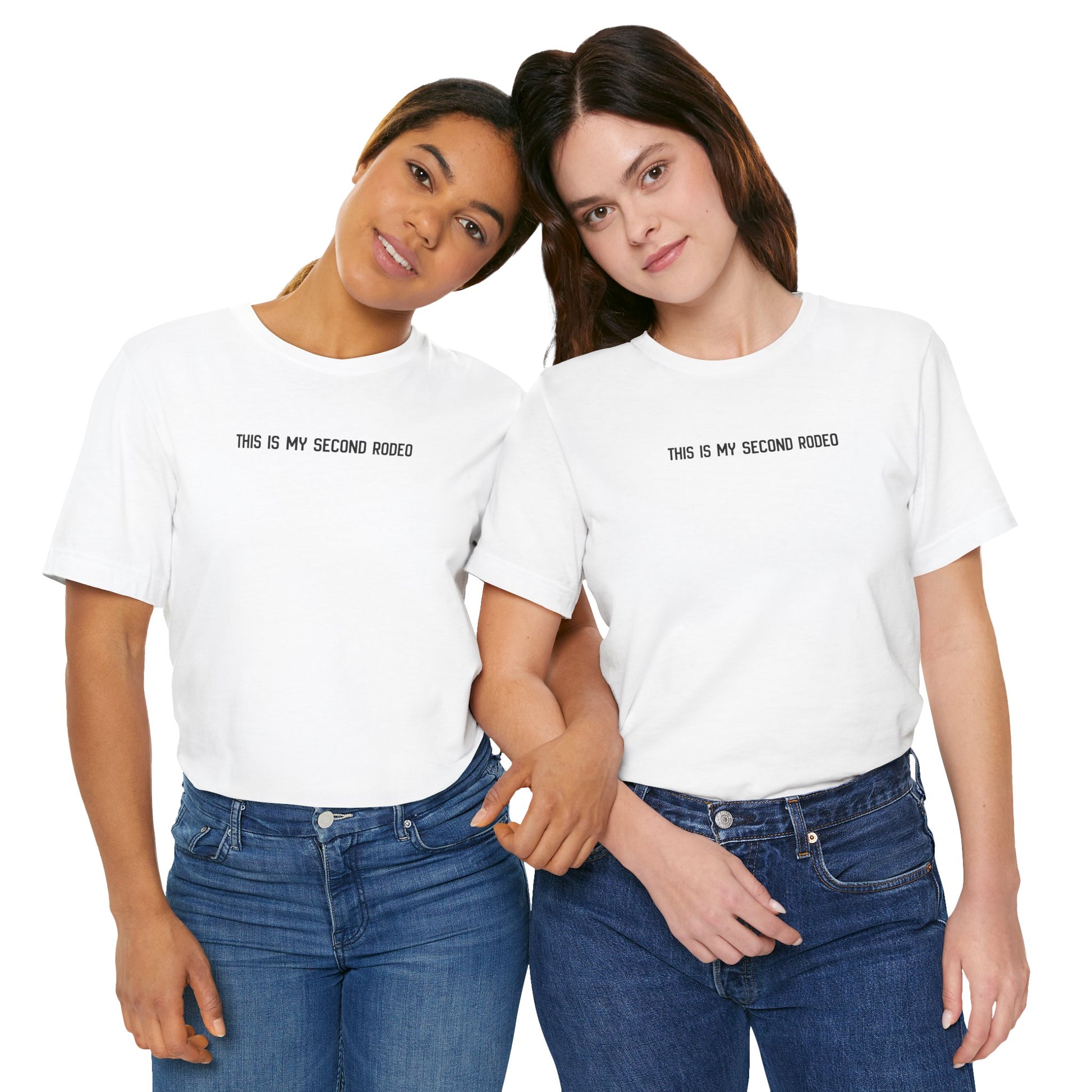 two people  wearing This Is My Second Rodeo western cowboy cowgirl t-shirts in white, casual rodeo apparel
