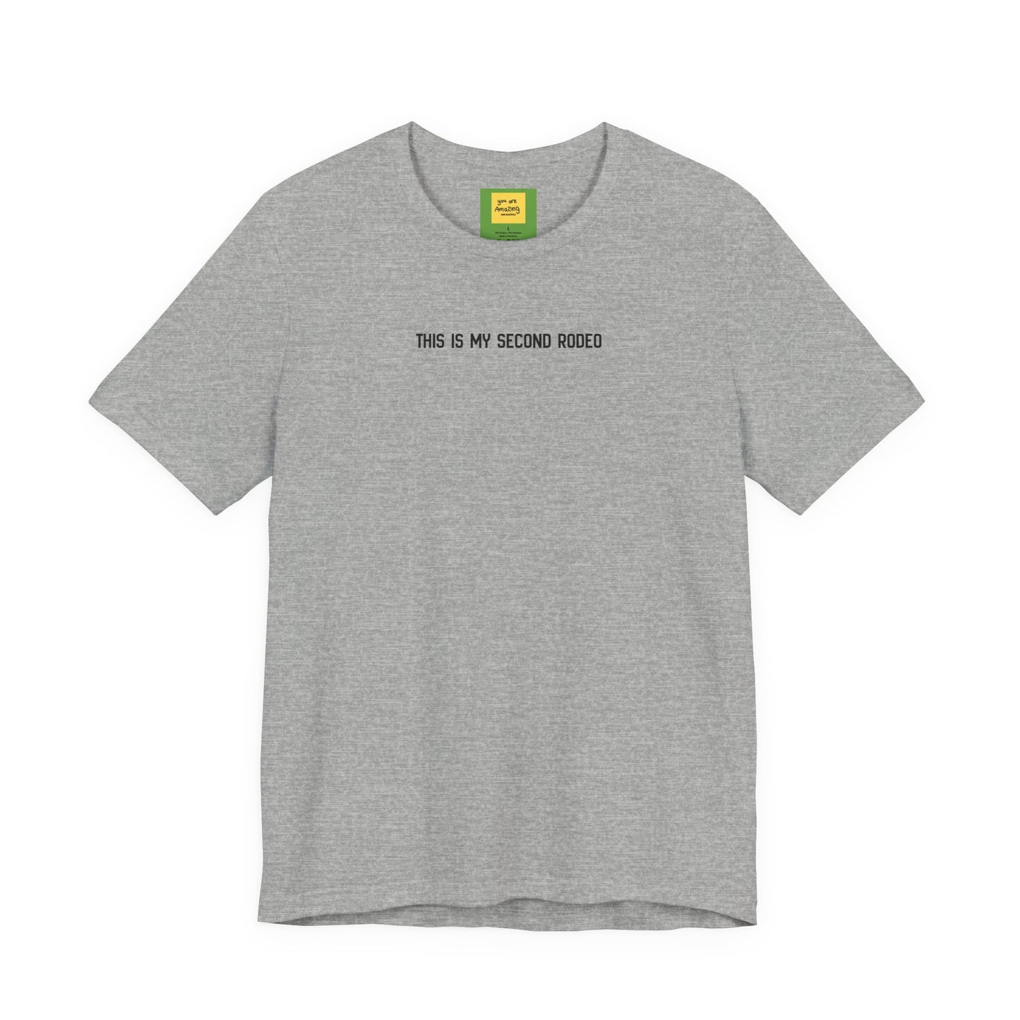 This Is My Second Rodeo funny western t-shirt in lightweight Airlume cotton, retail fit
in grey with hidden message neck label "you are amazing and beautiful"