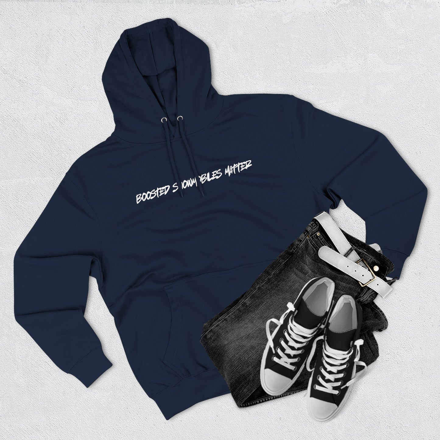 navy BOOSTED SNOWMOBILES MATTER graphic hoodie - eco-friendly turbo sled life streetwear