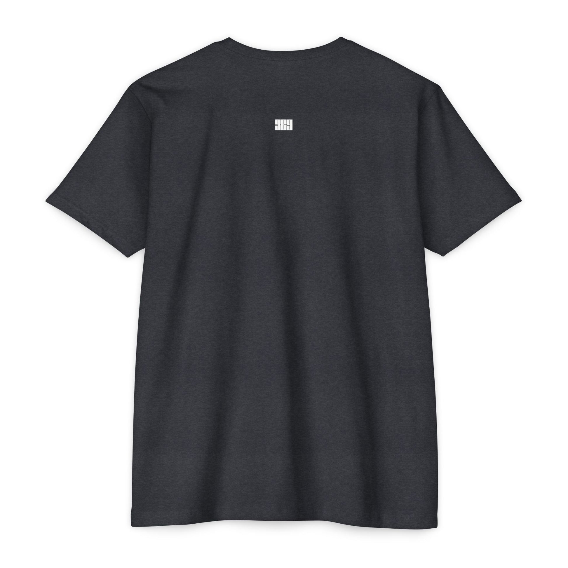 Black t-shirt with a small logo on the back against a white background