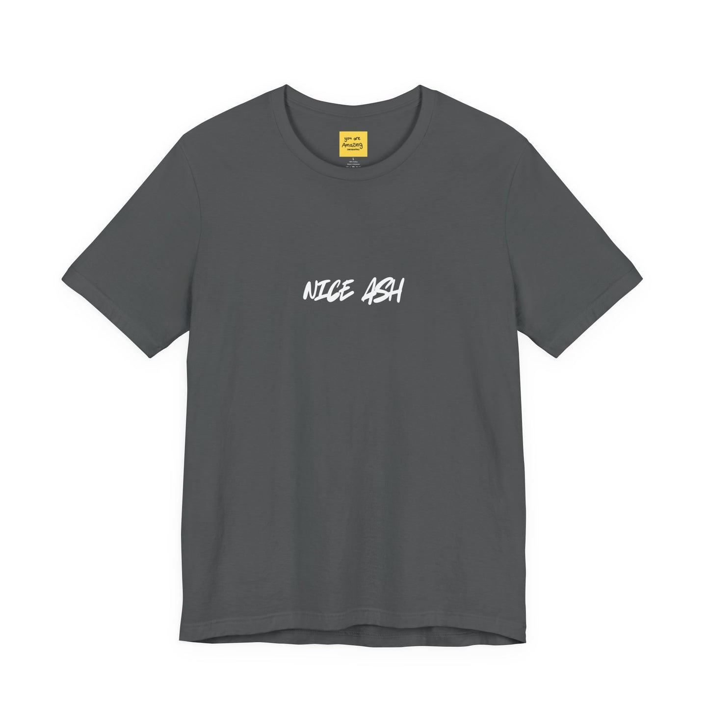 asphalt gray unisex t-shirt with NICE ASH white text - smokers slang funny 420 weed culture tee with YOU ARE AMAZING neck label