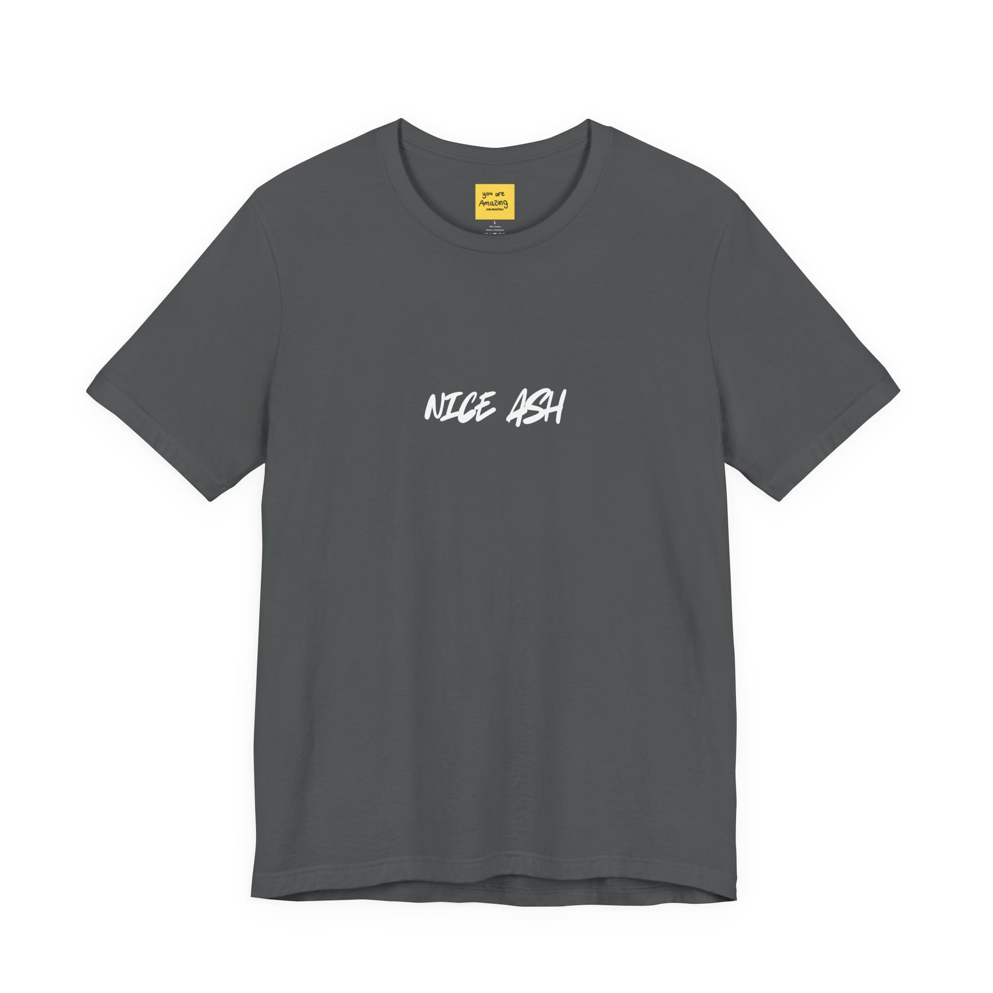 asphalt gray unisex t-shirt with NICE ASH white text - smokers slang funny 420 weed culture tee with YOU ARE AMAZING neck label