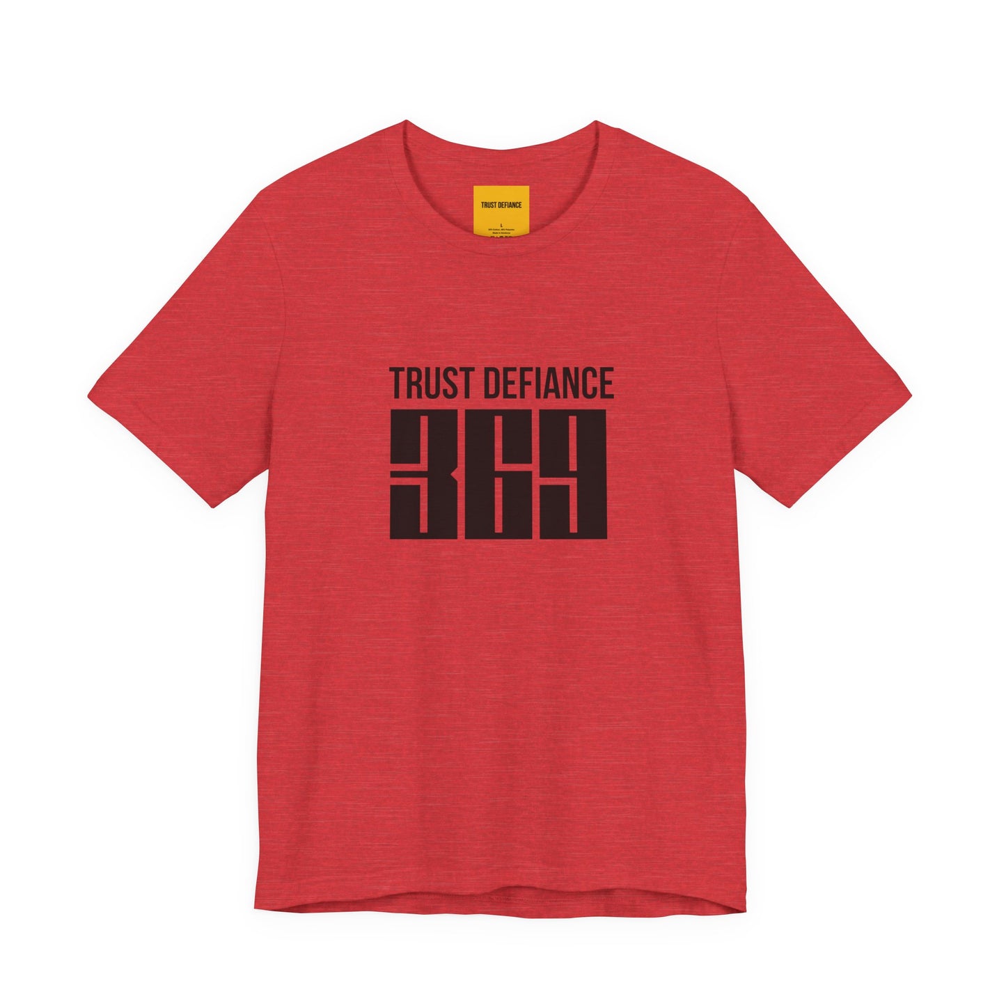 red unisex t-shirt with TRUST DEFIANCE 369 graphic print - manifestation streetwear tee